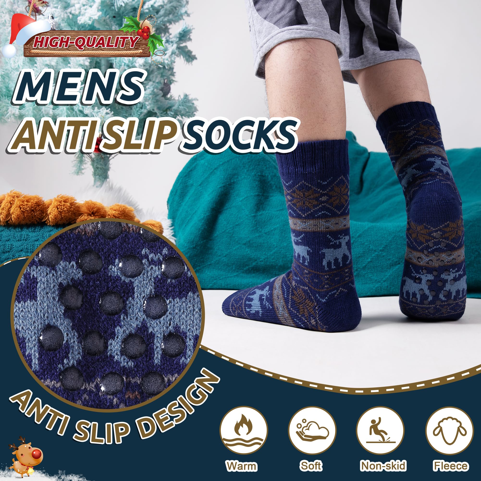 Men's Fleece Lined Thick Winter Slipper Socks - Cozy Non-Slip Fuzzy Home & Sleeping Socks for Cold Weather - Perfect for Indoor Lounging, Bedtime & Winter Comfort