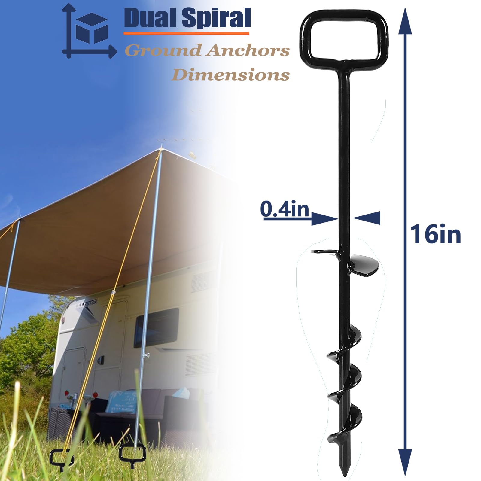 16-Inch Heavy Duty Tent Stakes & Ground Anchors - 6PCS Screw-in Camping Anchors with Adapter for Tents, Mobile Homes & Tree Straightening - Durable Black Outdoor Anchoring Kit for Camping, RV & Storm Protection