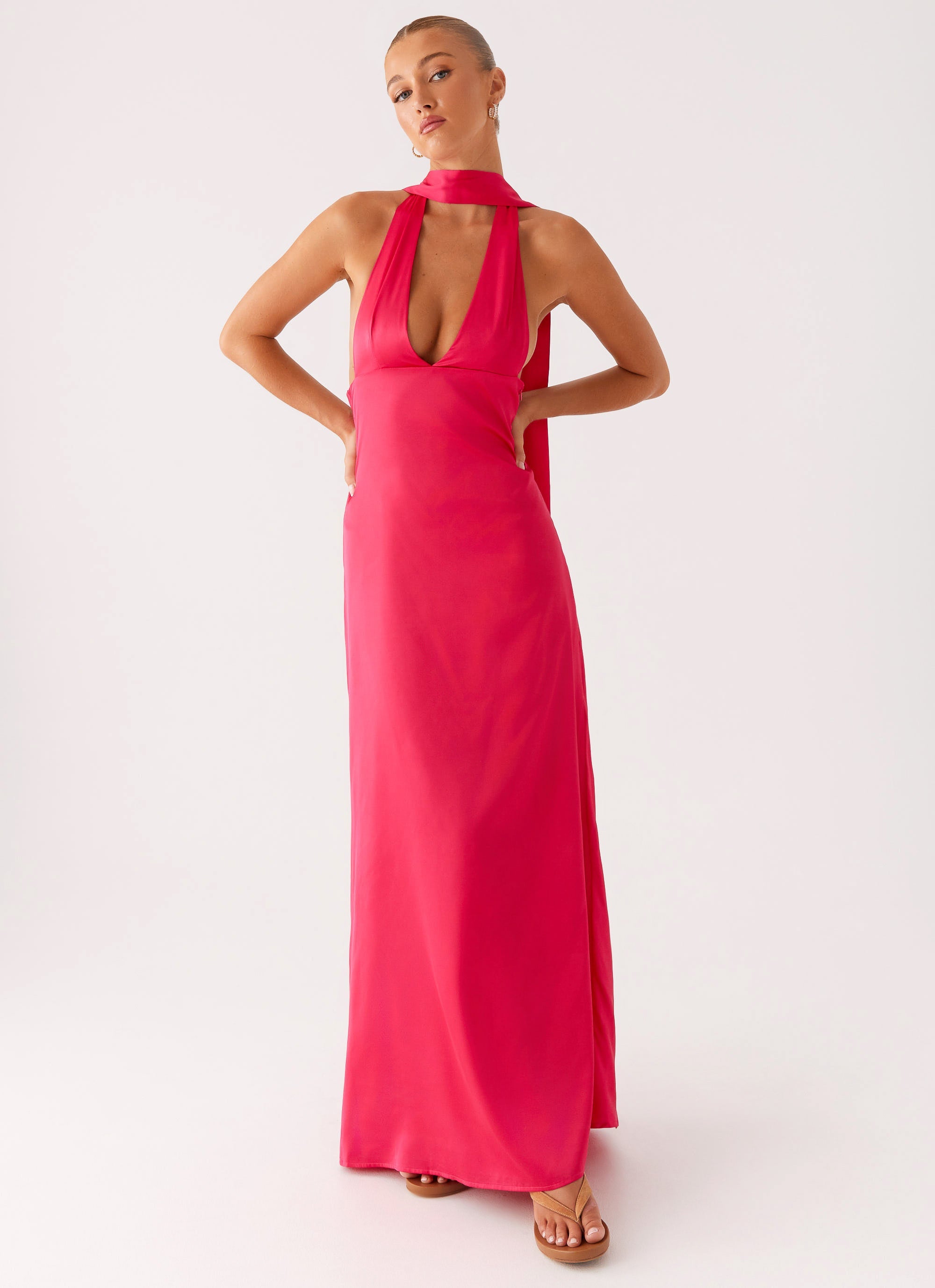 Alicia Satin Halter Maxi Dress for Women - Fuchsia Pink Elegant Long Formal Gown for Evening Parties, Weddings & Special Occasions
