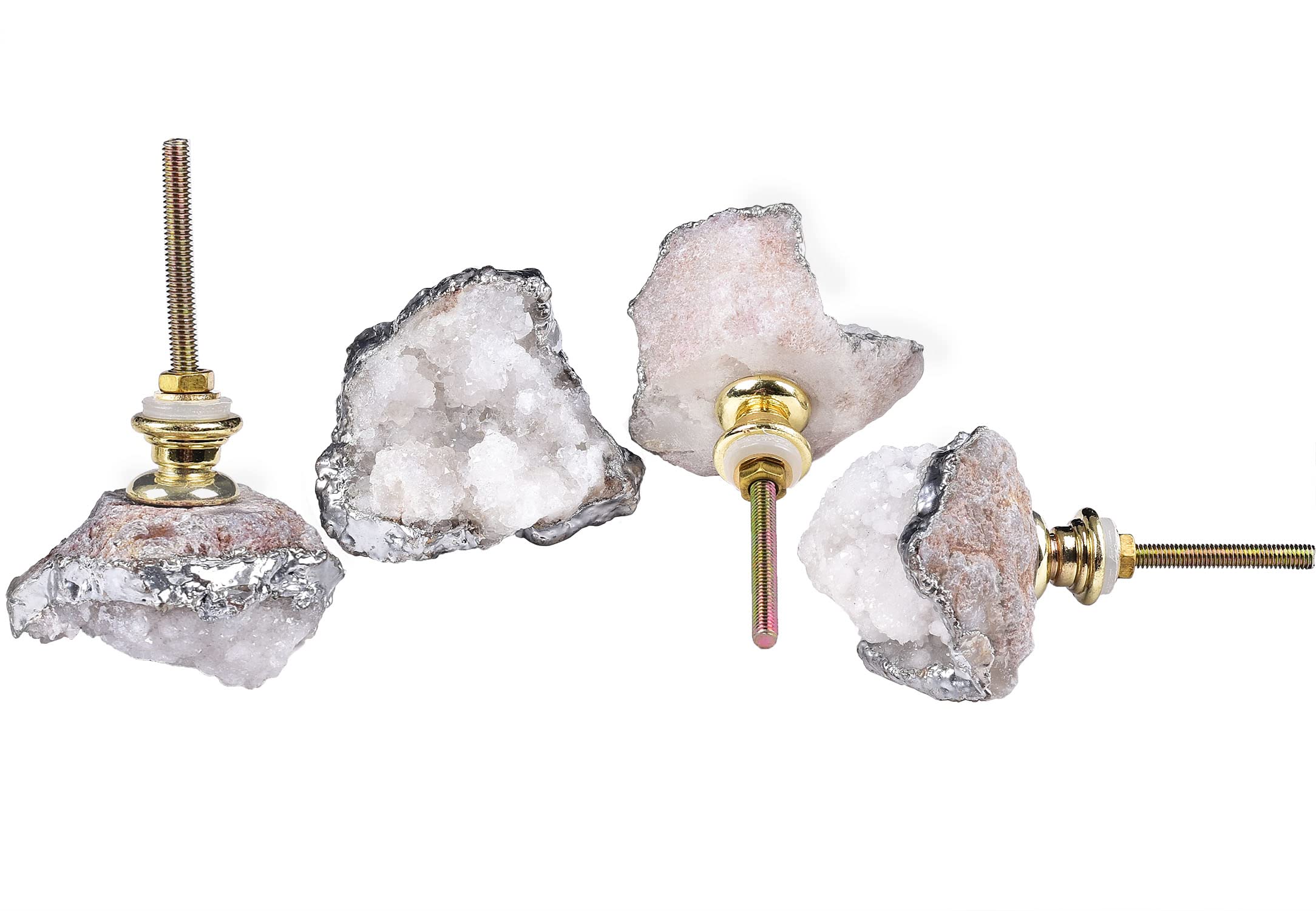 Natural White Crystal Geode Drawer Knobs - Silver-Plated Healing Stone Cabinet Handles for Dresser, Cupboard & Home Office Decor (Set of 4) - Perfect for Boho, Zen & Spiritual Space Decorating