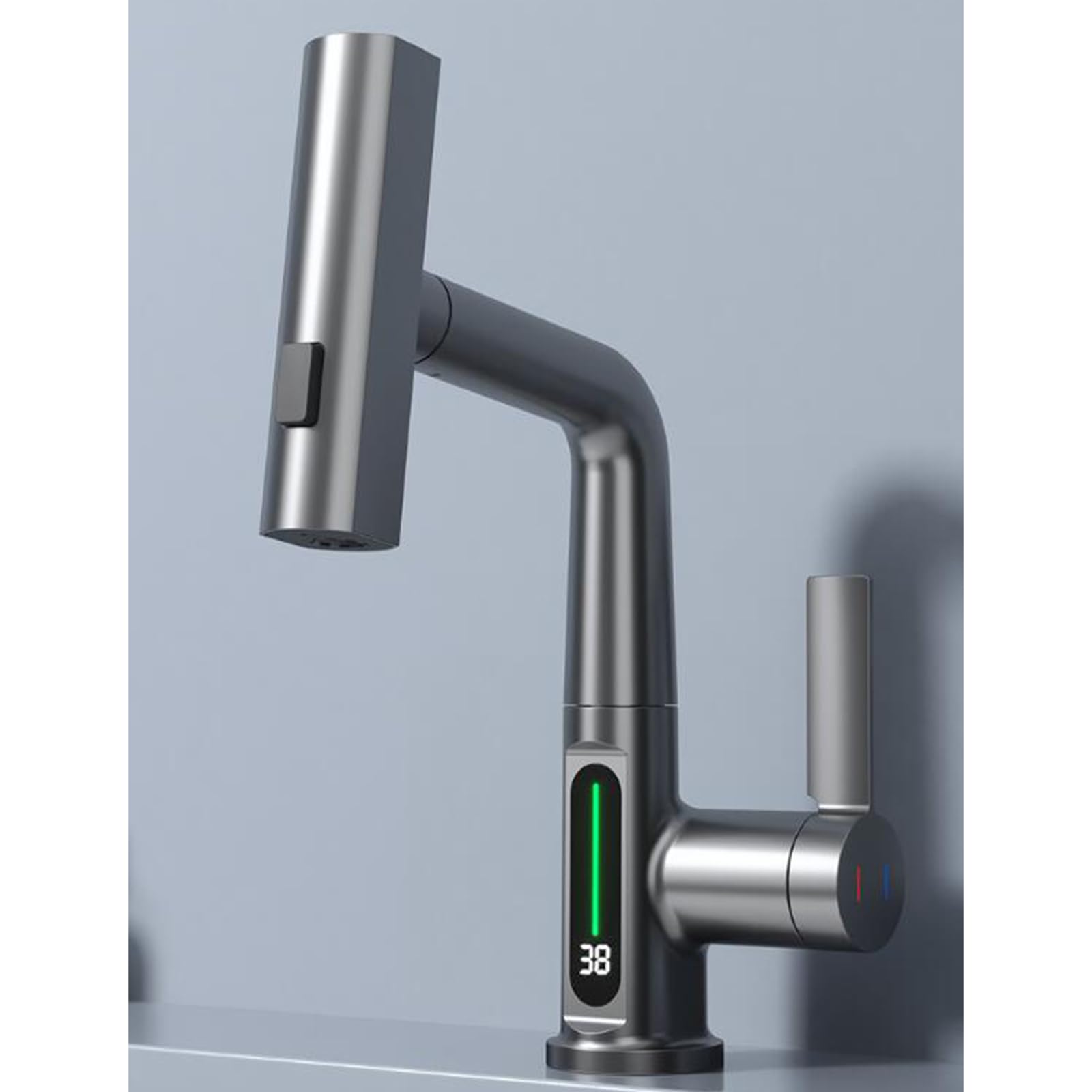 Brass Pull-Out Spray Bathroom Sink Faucet - Grey Mixer Tap with Hot & Cold Water Control - Perfect for Modern Bathrooms & Powder Rooms