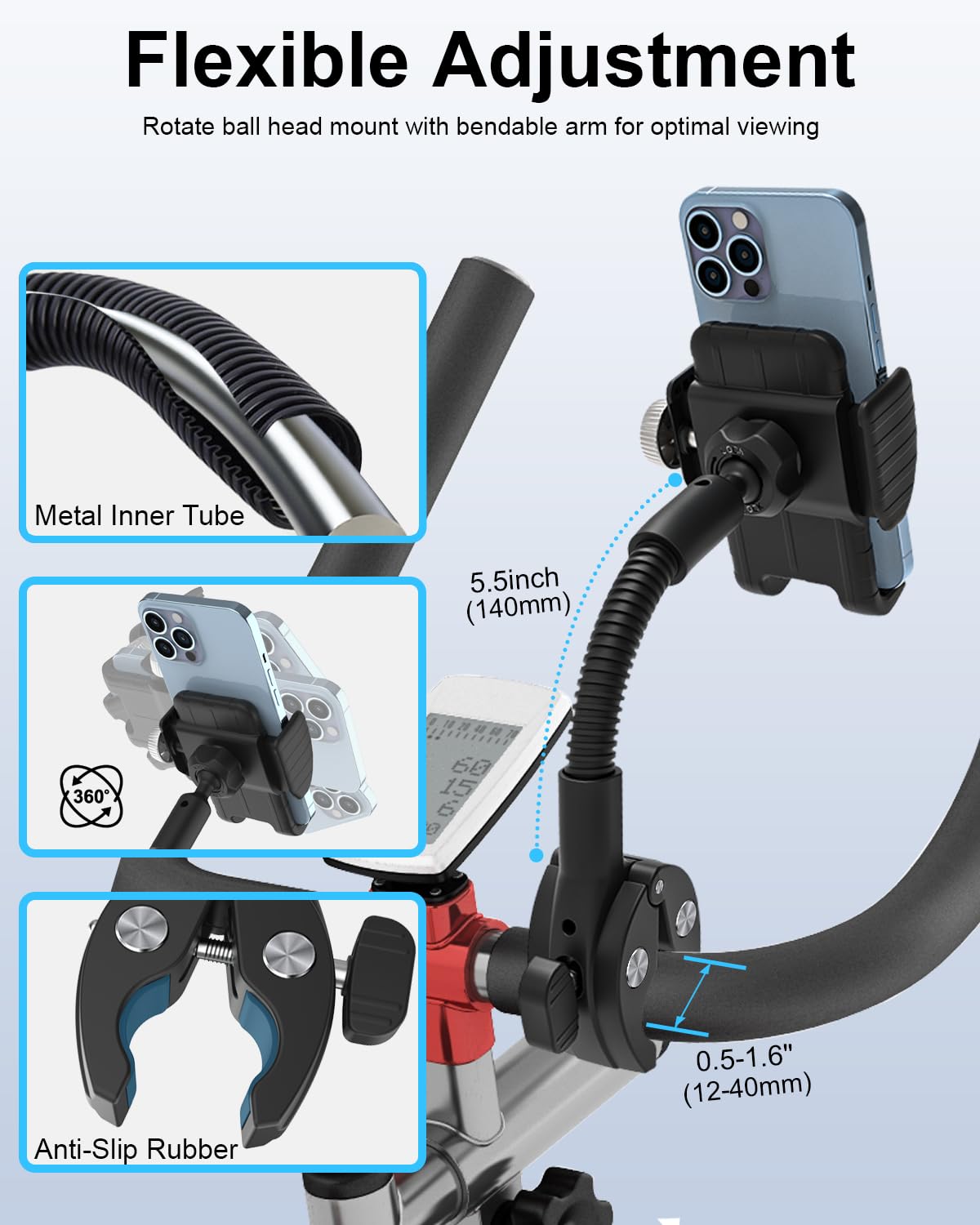 Adjustable Gooseneck Bike Phone Holder - Universal Smartphone Mount for Exercise Bikes, Stationary Bicycles & Treadmills - Compatible with iPhone 16 Pro Max/15/14/13/12/11, Samsung S24 & 4.7