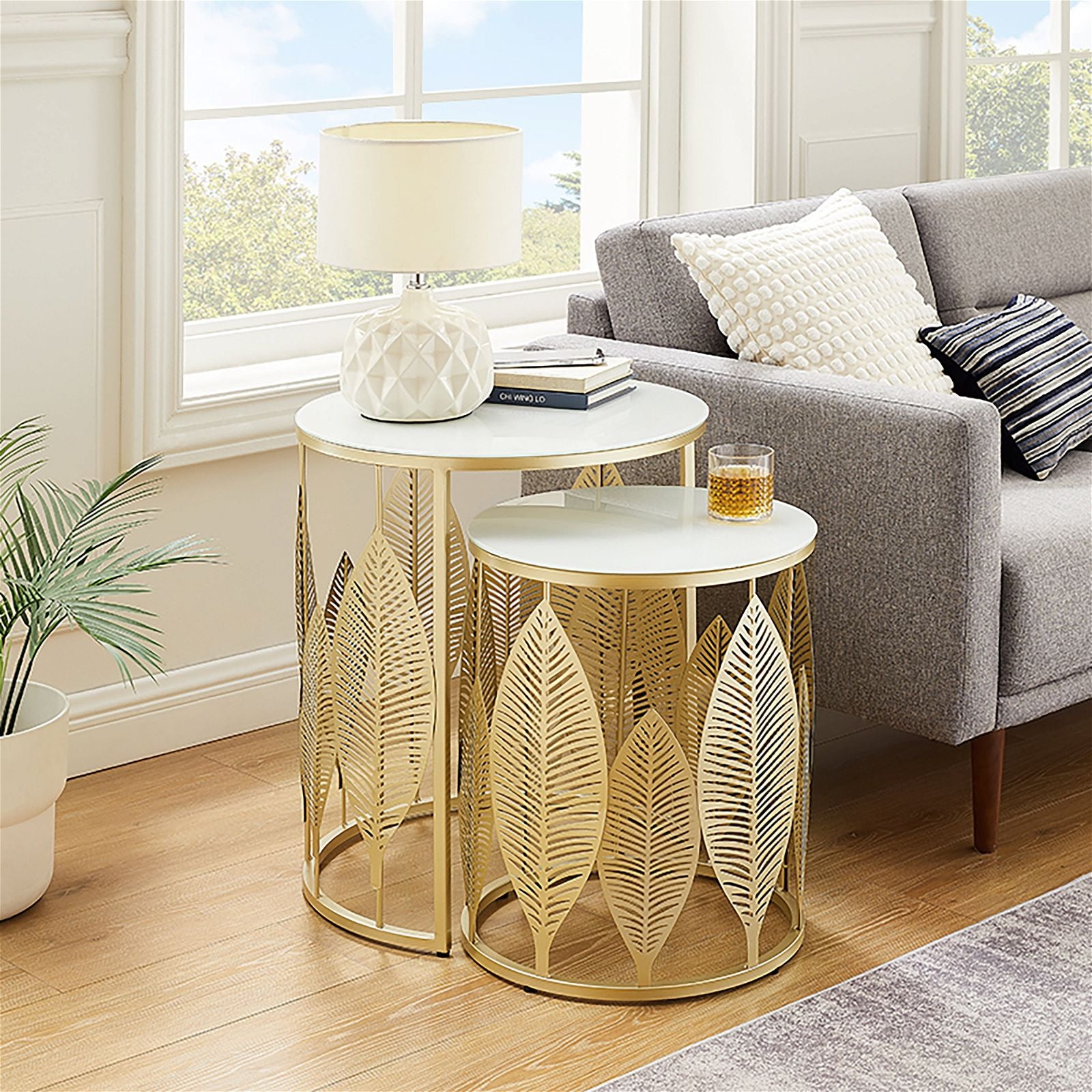 Criterion Gold Metal Frame White Glass Top Leaf Nested Set Coffee Tables 520mm - Perfect for Living Room, Office & Modern Home Decor