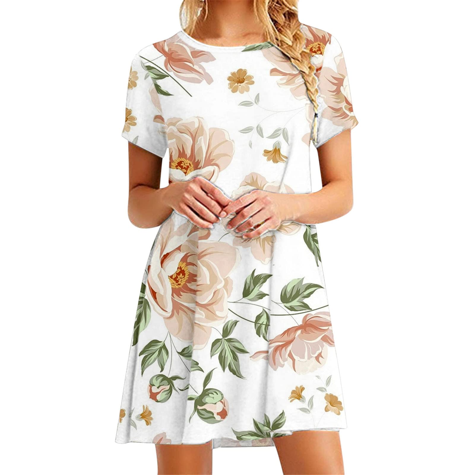 WANYNG Women's Floral Print Summer Dress - Casual Elegant Short Sleeve Loose Midi Dress for Beach, Vacation & Outdoor Parties