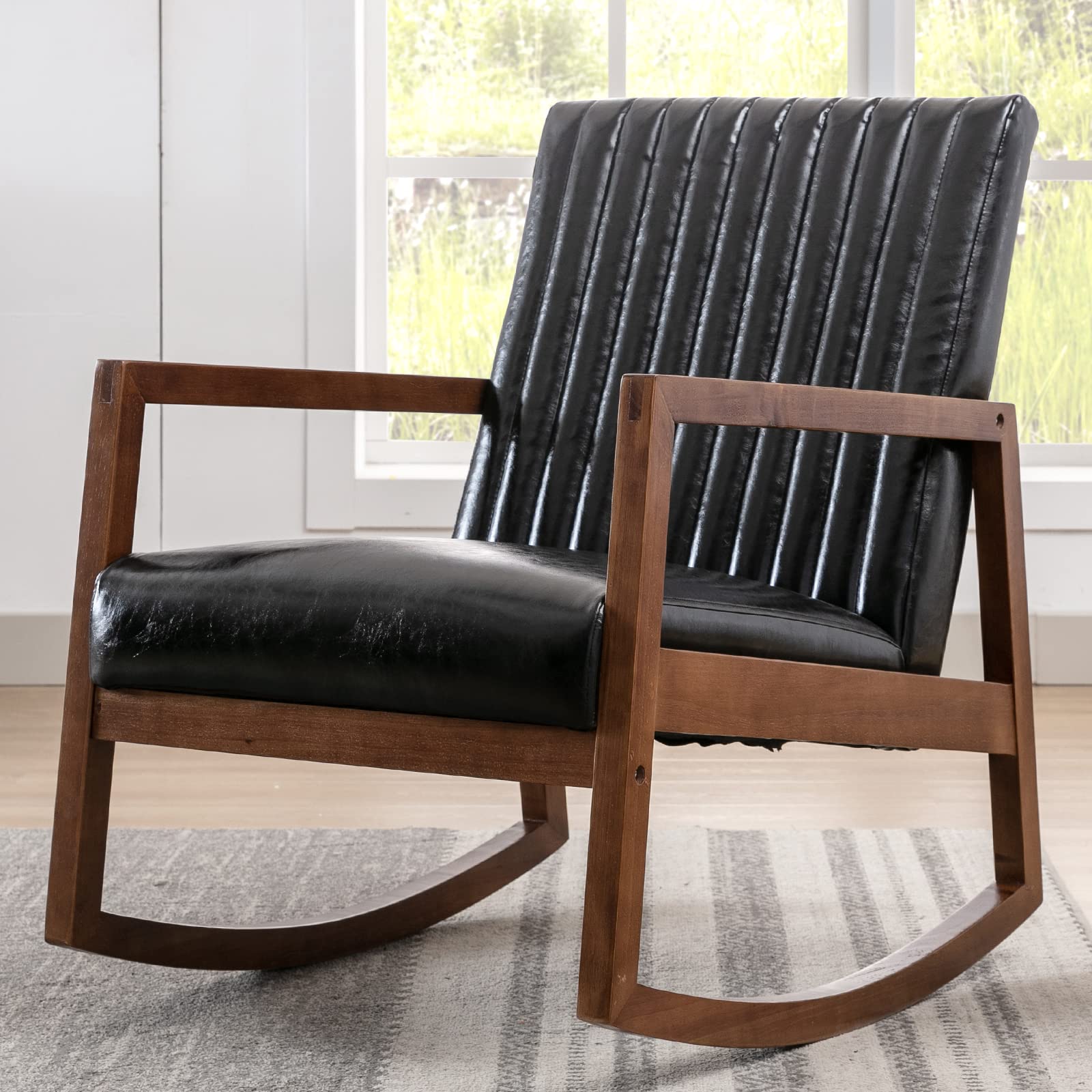 Wahson Set of 2 Mid Century Modern Wood Rocking Chairs - Faux Leather Upholstered Farmhouse Nursing & Living Room Rocker - Comfortable Lounge Chair for Bedroom, Nursery, Porch & Patio - Black (Perfect for Relaxing, Nursing Babies or Decorating Farmhouse Living Spaces)