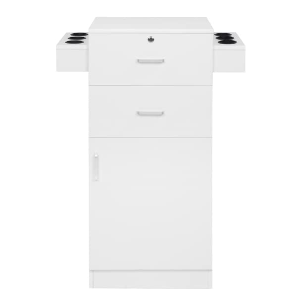 15cm P2 Density Board Pitted Surface Salon Cabinet with 2 Drawers, 1 Door & 6 Hair Dryer Hooks - Lockable White Storage Unit for Salon, Bathroom or Home Organization