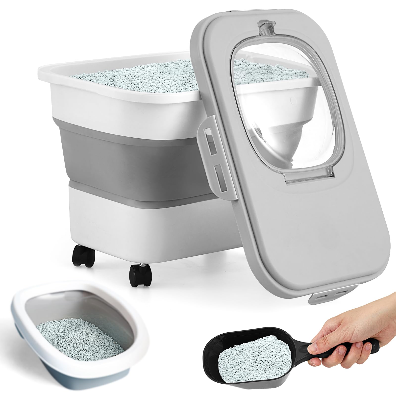 Collapsible Cat Litter Storage Bin with Airtight Lid - Portable Pet Food Container with Wheels for Kitchen, Cereal & Rice - Leakproof & Sealable for Home, Travel & Camping Use