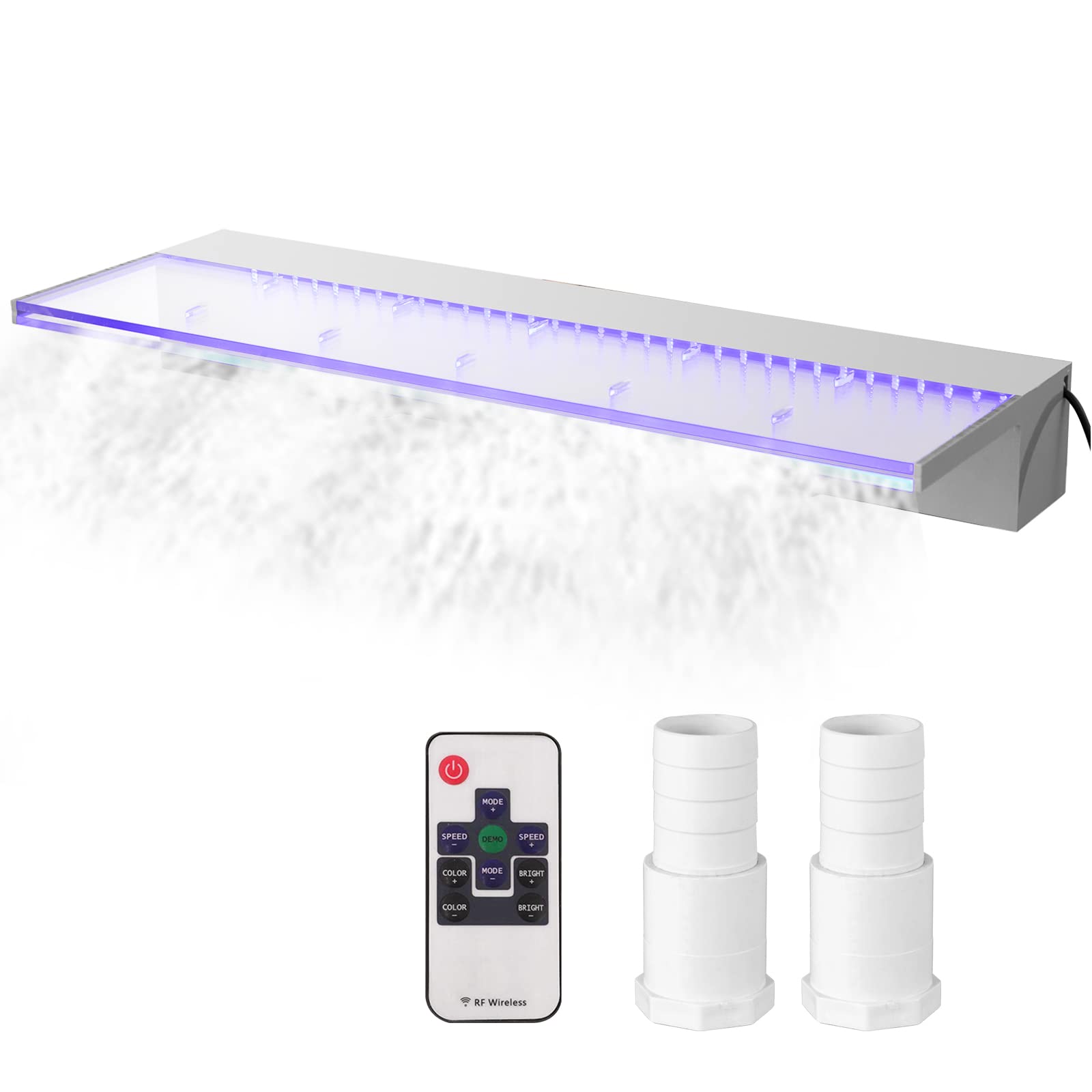 Vevor 35x3.2x8.1 Inch Acrylic Pool Waterfall Fountain with 17 Color LED Lights & Remote Control - Outdoor Waterfall Spillway Kit for Swimming Pools, Garden Ponds, and Backyard Landscaping