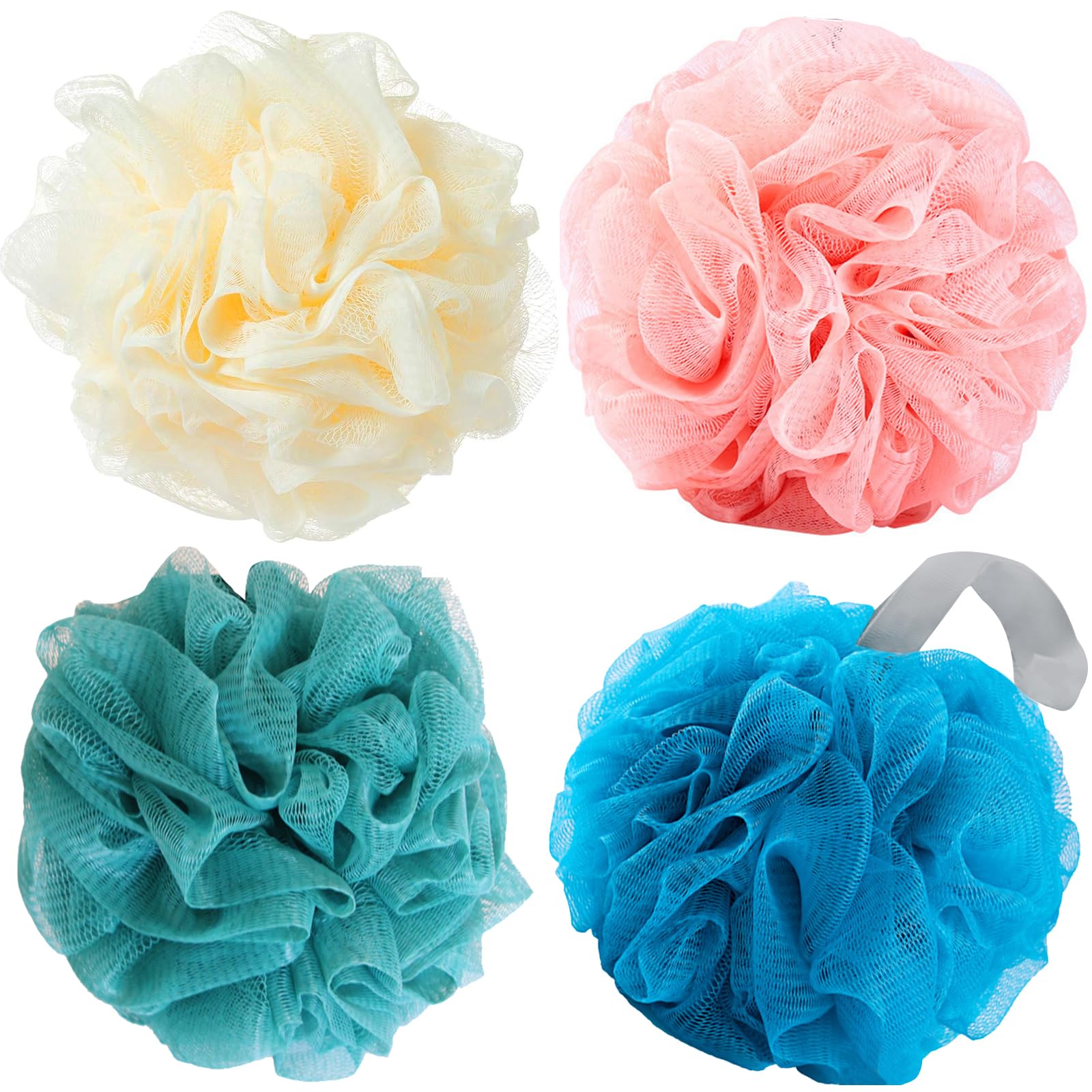 Natural Exfoliating Loofah Sponge for Shower & Bath - 50g Soft Mesh Pouf Scrubber for Men & Women - Body Wash & Back Scrubber - 4 Colors - Gentle Skin Cleansing & Exfoliation Bath Accessories - Perfect for Daily Shower, Spa Day & Gift Sets