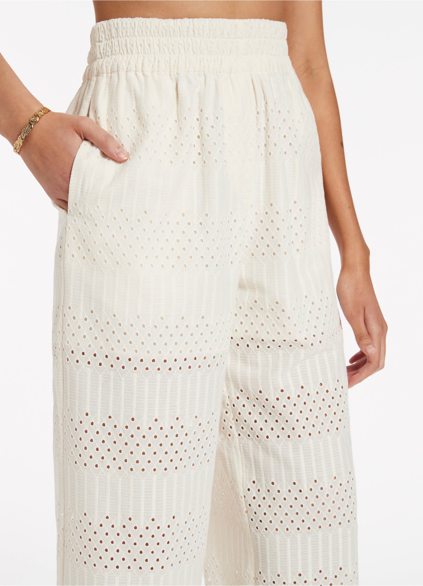 Broderie Wide Leg Pants for Women - Cream Linen High Waisted Boho Pants - Perfect for Summer, Beach, and Casual Outings