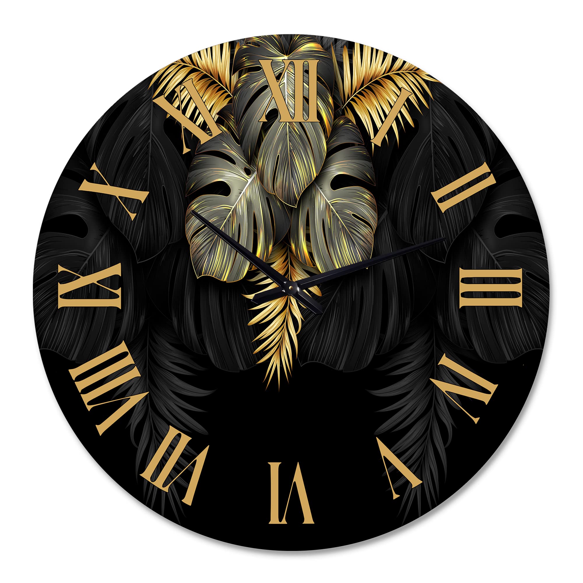 DesignQ Modern Wall Clock - Black & Gold Tropical Leaves IV - Large Floral Botanical Wall Clock for Living Room, Bedroom, Office Decor - Perfect for Home, Office & Gift Giving