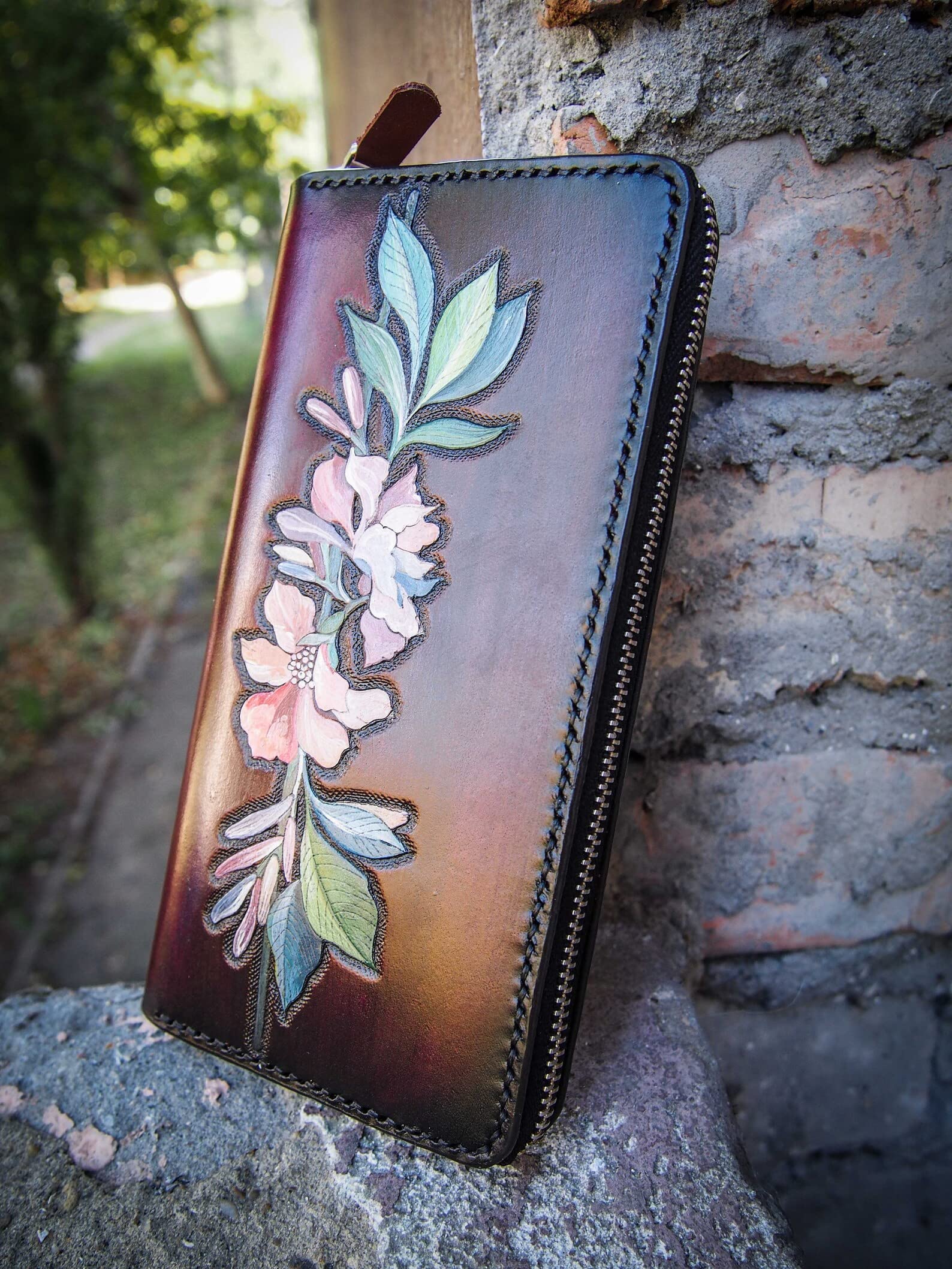 Men's 3D Genuine Leather Wallet - Floral Carved Zip Biker Clutch Wallet with Airbrush Art | Handmade Custom Personalized Tooled Leather Wallet for Everyday Use, Travel & Gift Giving