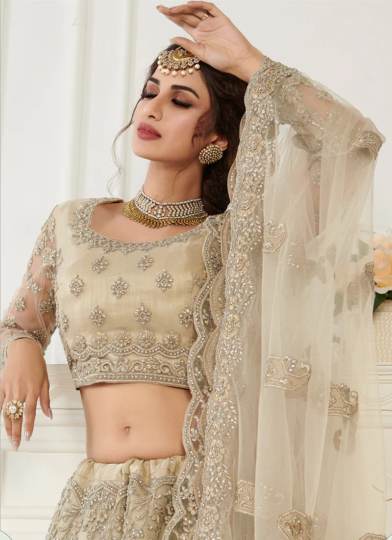 Exquisite Golden Embroidered Net Lehenga Choli for Bridal Wear | Designer Indian Wedding Dress (D90) | Perfect for Sangeet, Mehendi & Reception Ceremonies