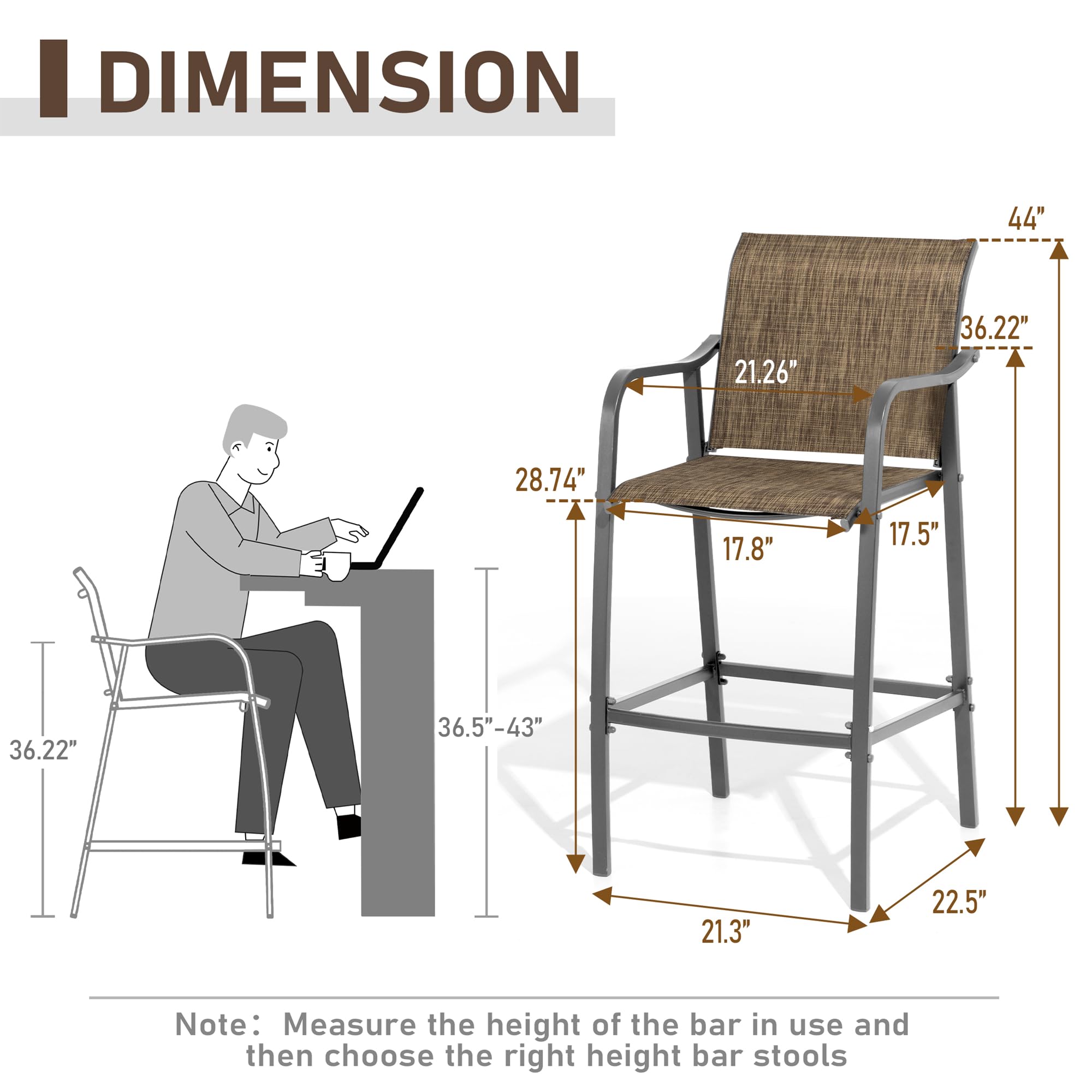 2-Pack Outdoor Metal Bar Stools - Counter Height Steel Patio Chairs with Textilene Seat, Armrest & Footrest - Lightweight Brown Bar Stools for Backyard, Deck, Poolside & Garden Use