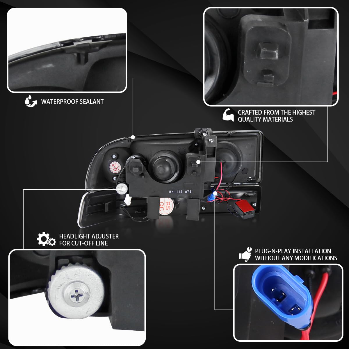AUTOZENSATION Smoke LED Halo Projector Headlights + LED Bumper Lights - Compatible with 1998-2004 Chevy S10 Pickup & Blazer - Left & Right Pair Headlamp Assembly - Upgrade for Night Driving & Off-Road Adventures