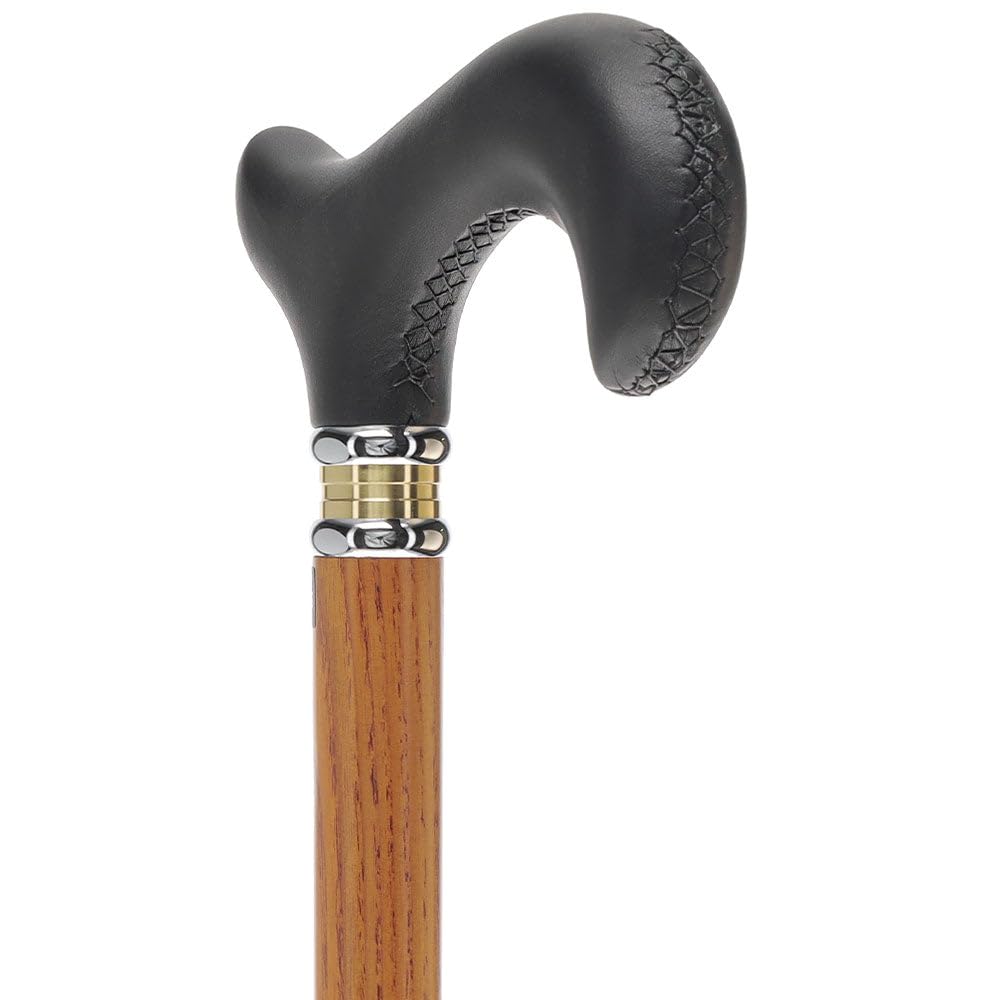Premium Black Leather Wrapped Derby Walking Cane - Lightweight & Durable Leather Shaft with Two-Tone Collar - Fashionable Mobility Aid for Men & Women - Perfect Gift for Seniors, Hikers & Travelers - Ideal for Daily Use, Outdoor Adventures & Recovery Support