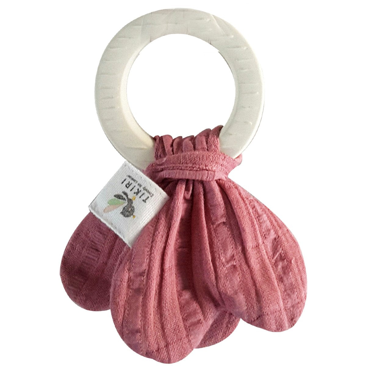 Organic Natural Rubber Teether & Crinkle Toy for Babies - Dusty Pink Muslin Tie | Soothing Teething Relief & Sensory Play for Infants | Perfect Baby Shower Gift & Nursery Essential