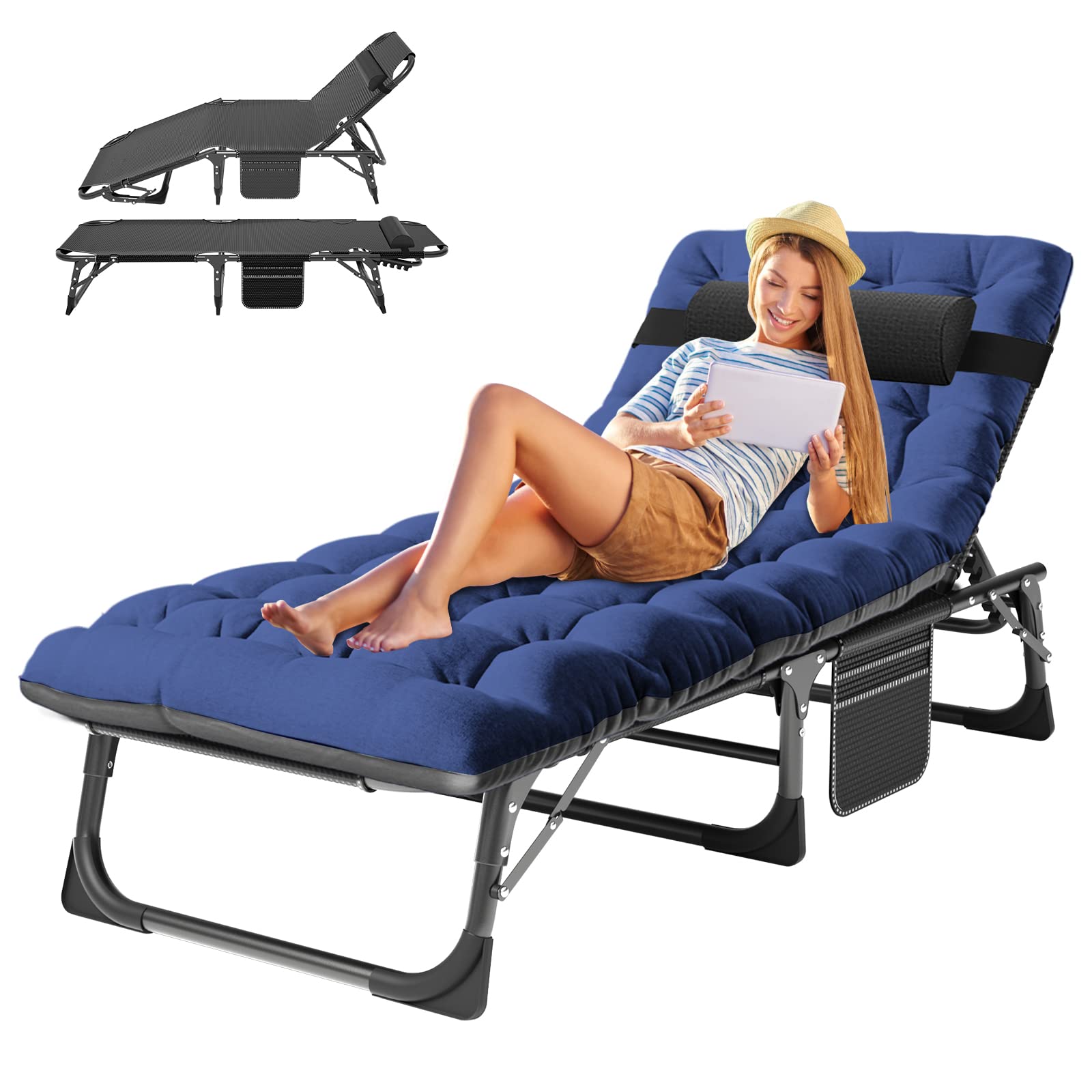 ABORON 5-Position Adjustable Camping Cot for Adults - Portable Folding Sleeping Cot & Outdoor Lounge Chair with Pillow - Perfect for Beach, Poolside, Lawn, Backyard, Camping & Sunbathing