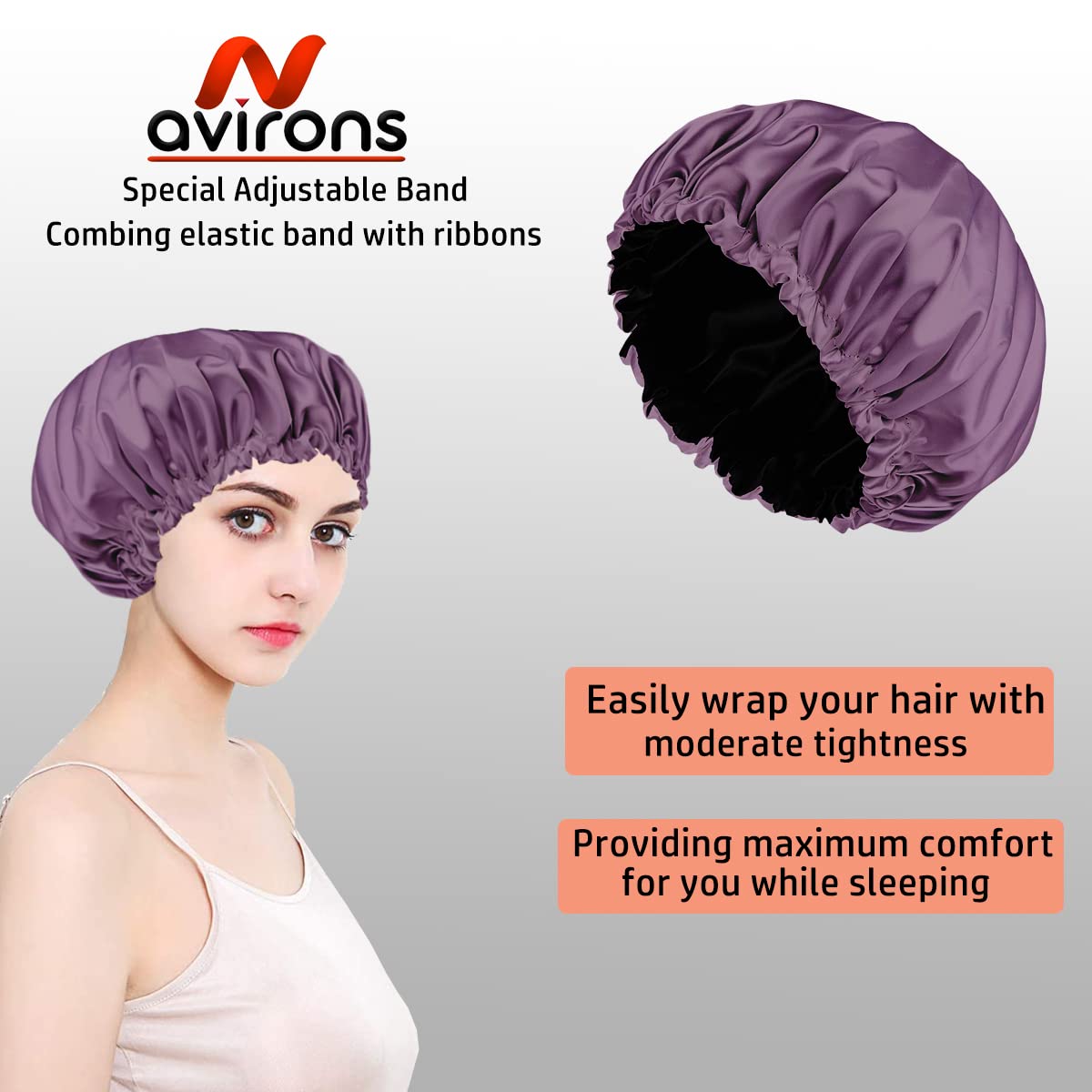 Avirons Silk Sleep Bonnet for Women - Adjustable Satin Hair Cap with Free 3 Scrunchies | Soft Silk Bonnet for Curly, Natural & Protective Hairstyles | Nighttime Hair Care for Frizz Prevention & Moisture Retention (Purple) | Perfect for Travel, Bedtime & Salon Visits