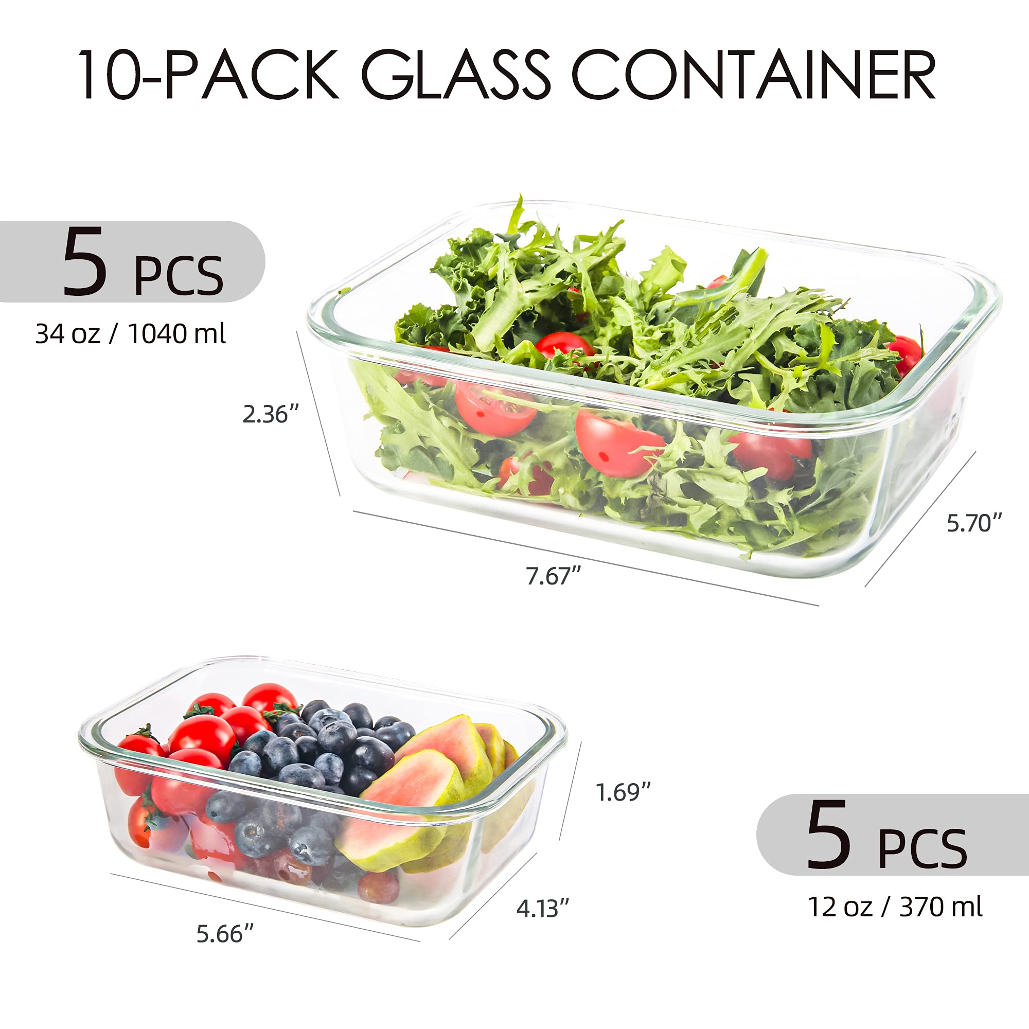 10-Pack Airtight Glass Food Storage Containers with Lids - Leakproof Meal Prep Containers for Adults - Microwave & Freezer Safe Bento Boxes (34oz & 12oz) - Perfect for Office Lunch, Meal Prepping & Leftovers