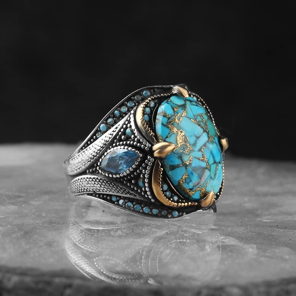 925 Sterling Silver Turquoise Stone Men's Ring - Handmade Engraved Turkish Silver Jewelry for Men | Perfect Gift for Boyfriend, Husband, Father | Great for Weddings, Anniversaries, and Special Occasions