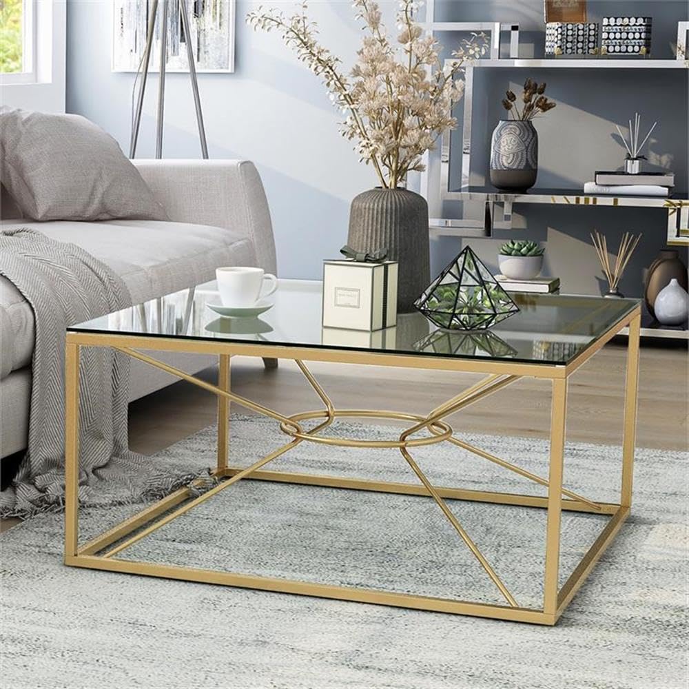 Furniture of America Cevelle Contemporary Gold Glass Top Coffee Table - Modern Living Room Centerpiece for Home Decor & Entertaining