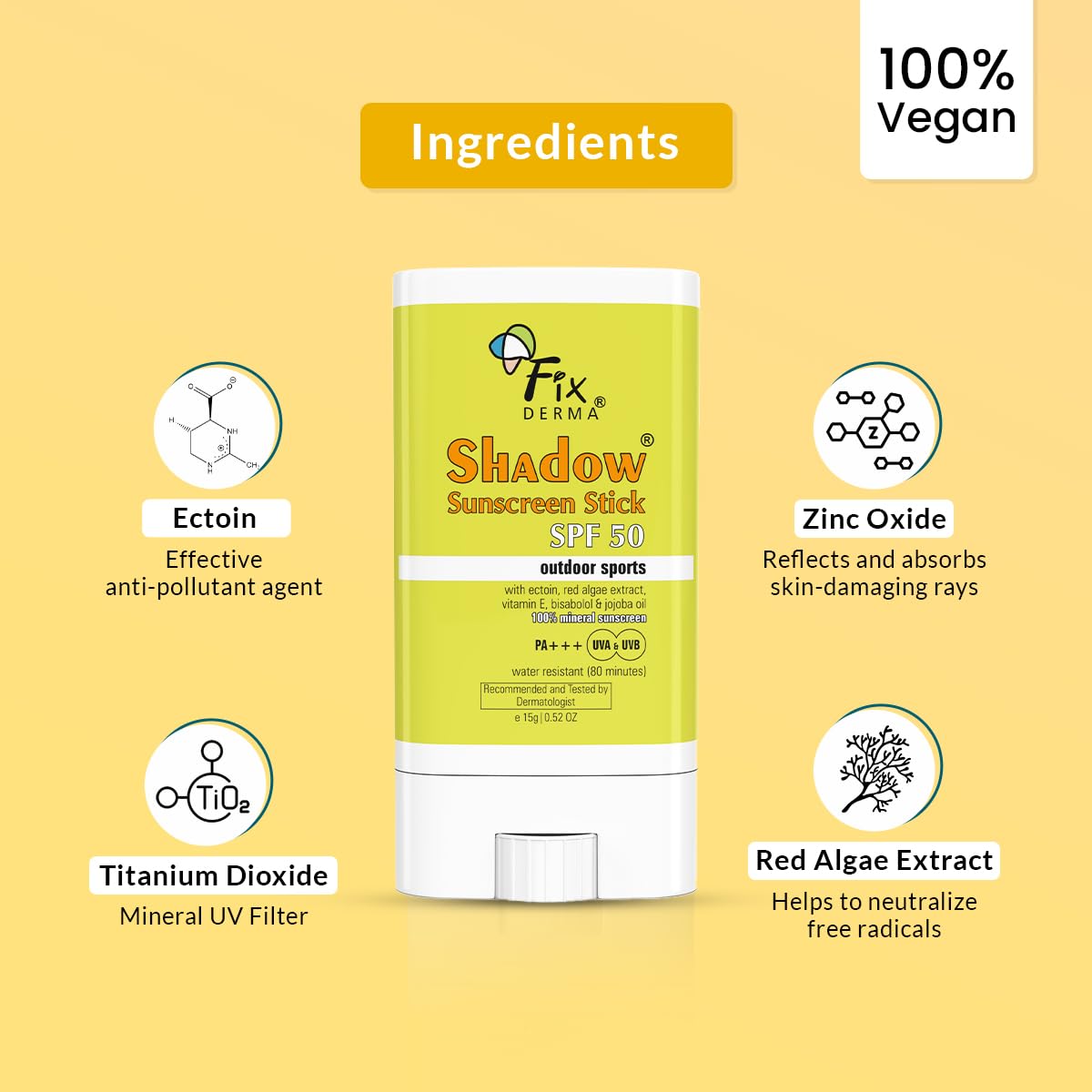 FIXDERMA SPF 50 Sunscreen Stick with Vitamin E & Jojoba Oil - Mineral Sun Protection for Face & Body, Non-Greasy Sunscreen for Outdoor Sports, Swimming & Daily Use - White (15g)