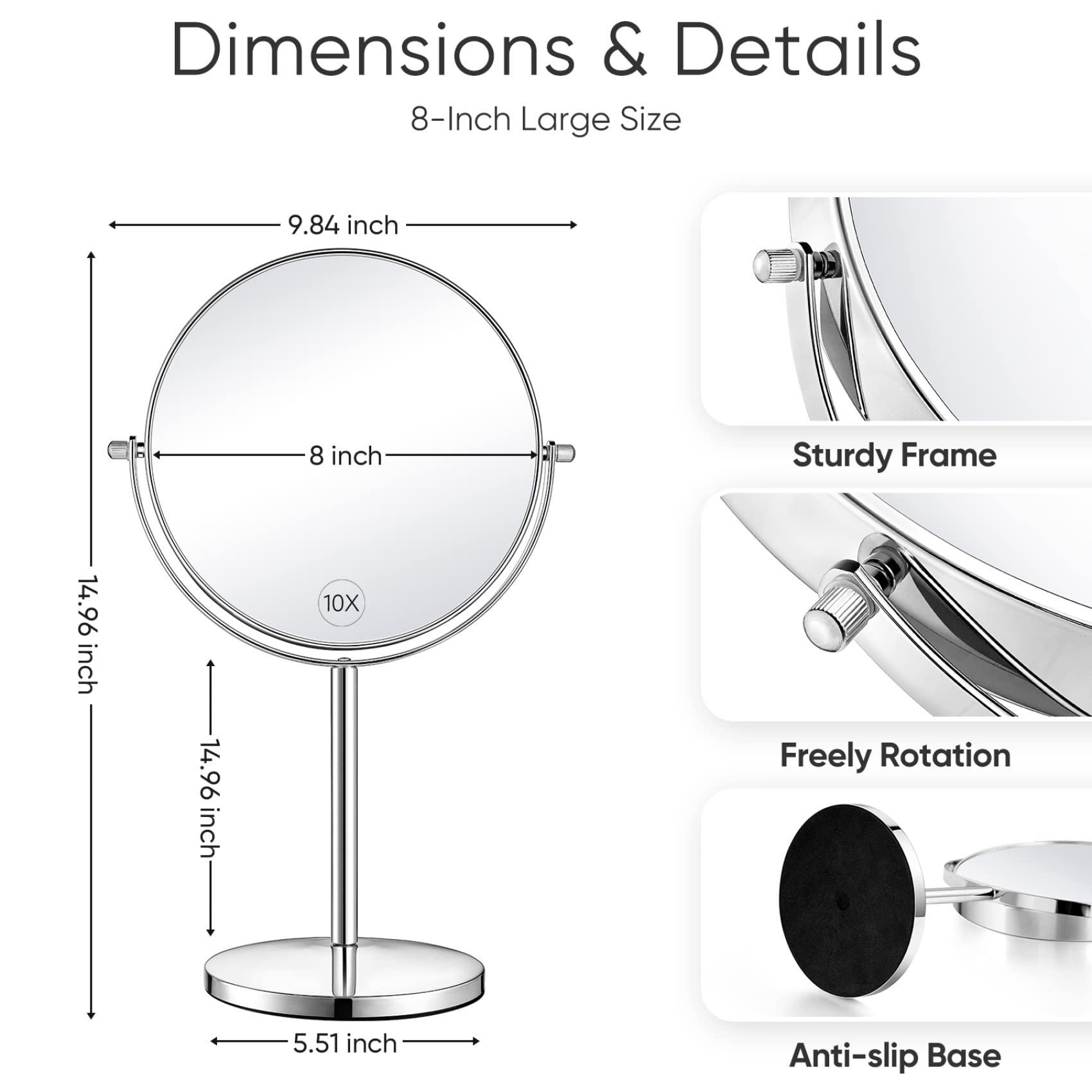 Orange Tech 8-Inch Large Double-Sided Magnifying Makeup Mirror with 360° Swivel - 1X/10X Vanity Mirror with Stand & Removable Base (15