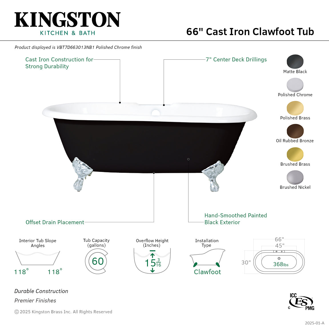 **Aqua Eden 66 Inch Clawfoot Bathtub – Cast Iron Oval Double-Ended Freestanding Tub with 7-Inch Faucet Drillings (Black/White/Brushed Brass) – Perfect for Vintage & Modern Bathroom Decor**    **Use Cases:** Ideal for luxurious soaking, spa-like relaxation, and enhancing classic or contemporary bathroom aesthetics.
