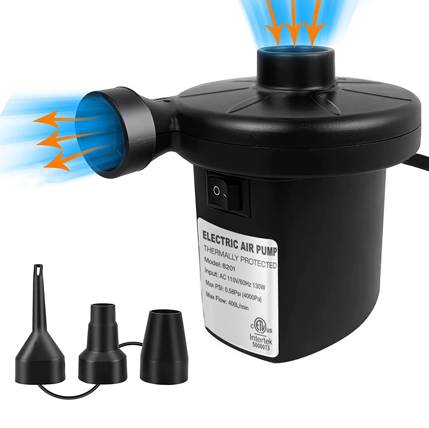 130W Quick Electric Air Pump for Inflatables - Portable Air Mattress Pump with 3 Nozzles for Airbed, Pool Floats, Inflatable Couch | Fast Inflation & Deflation | Perfect for Camping, Travel & Home Use