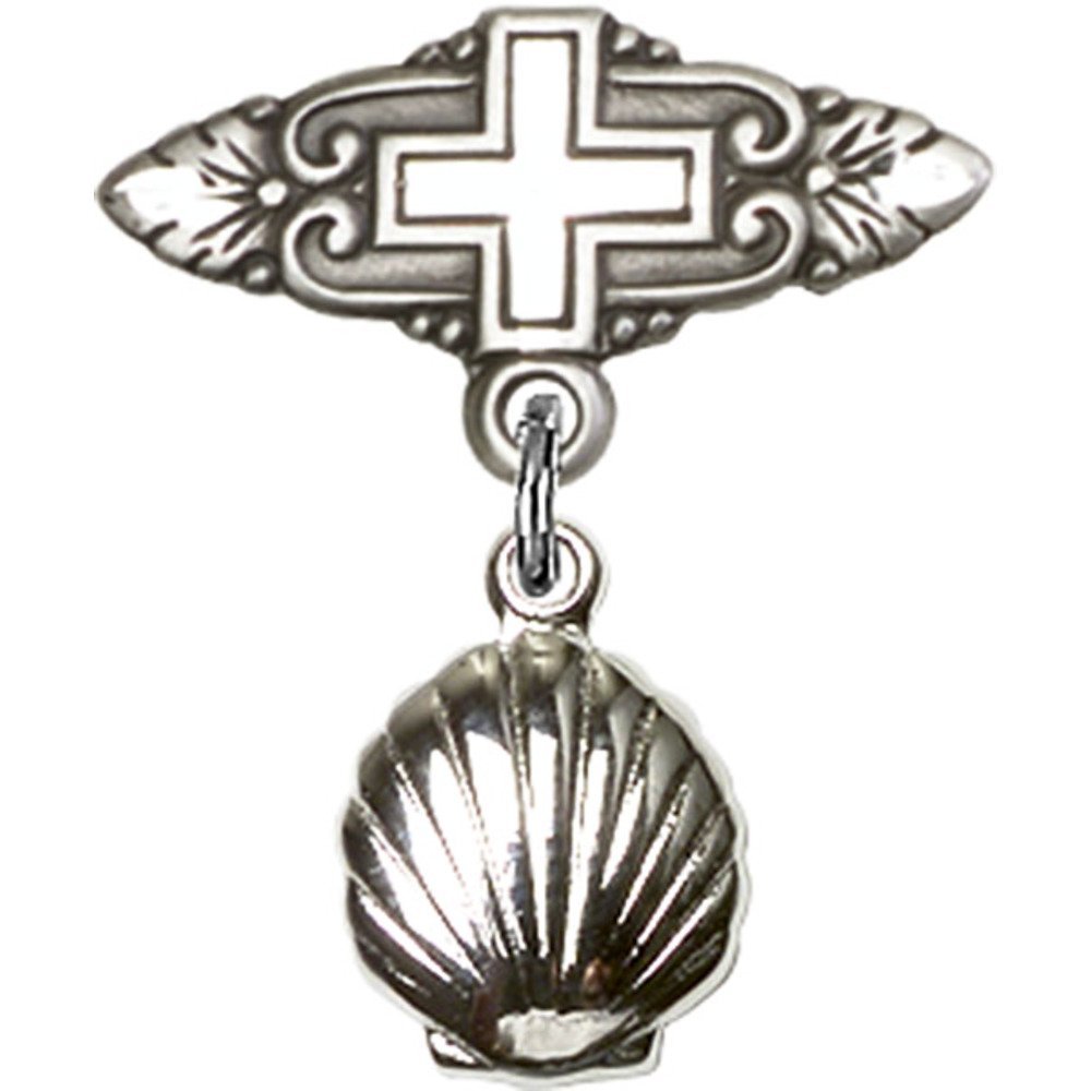 925 Sterling Silver Baby Badge with Shell Charm & Cross Pin - 7/8