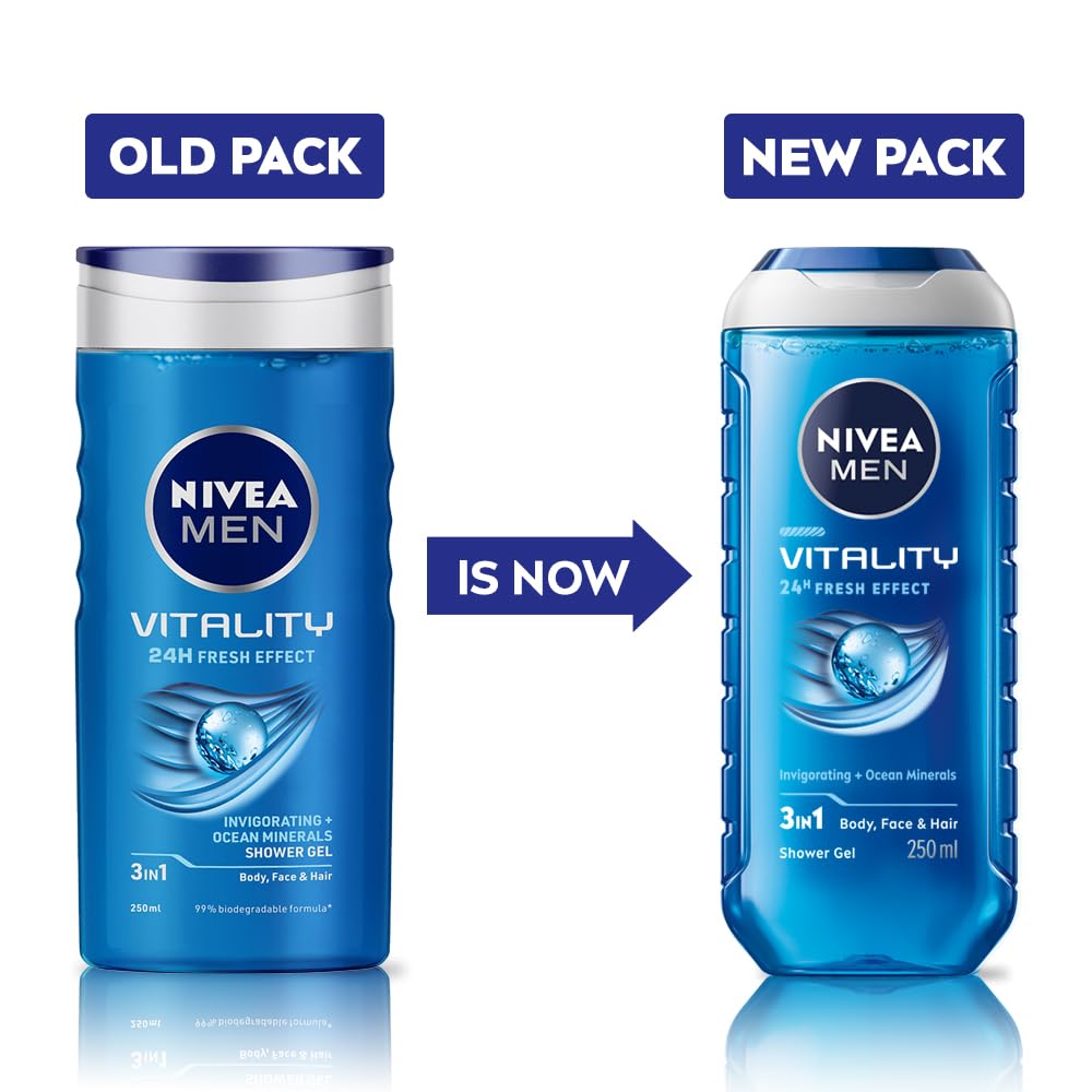 NIVEA MEN Vitality Fresh 250ml Body Wash & Shower Gel | Face, Body & Hair Cleanser with Ocean Minerals | Long-Lasting Freshness for Clean, Healthy & Moisturized Skin | Perfect for Gym, Travel & Daily Shower Routine