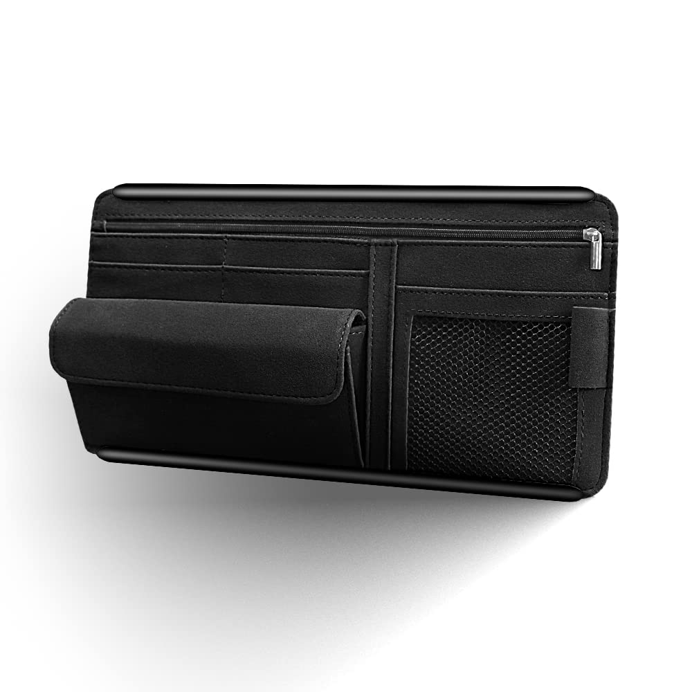 Premium Car Sun Visor Organizer - Suede Zipper Storage Bag for Glasses, Cards & Notes | Universal Car Accessories for Sunglasses Holder & Small Item Organization (Black) - Perfect for Road Trips, Commuting & Daily Driving