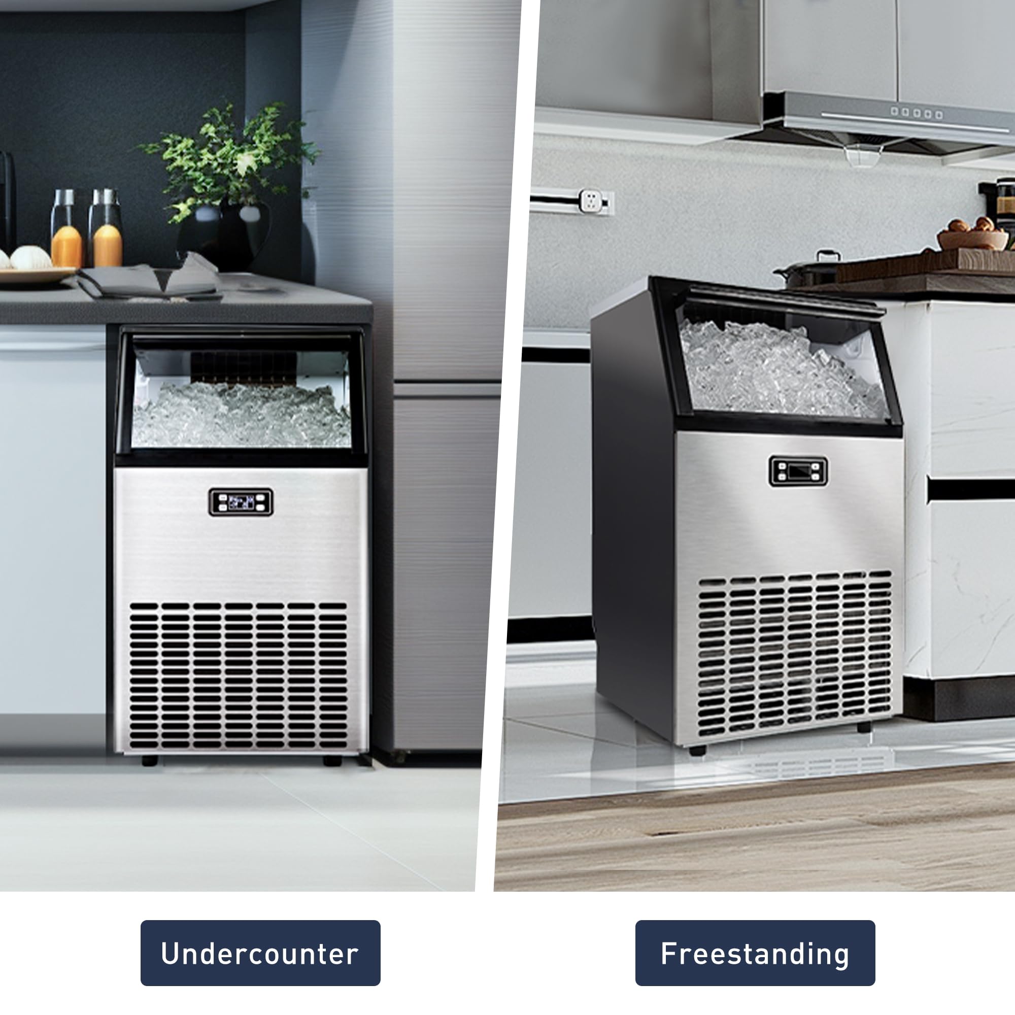 Commercial Ice Maker Machine 100lbs/Day, Under Counter Stainless Steel Ice Maker with Self-Cleaning & Timer, 33lbs Storage - Perfect for Home, Bar, Restaurant, RV, Office, and Outdoor Events