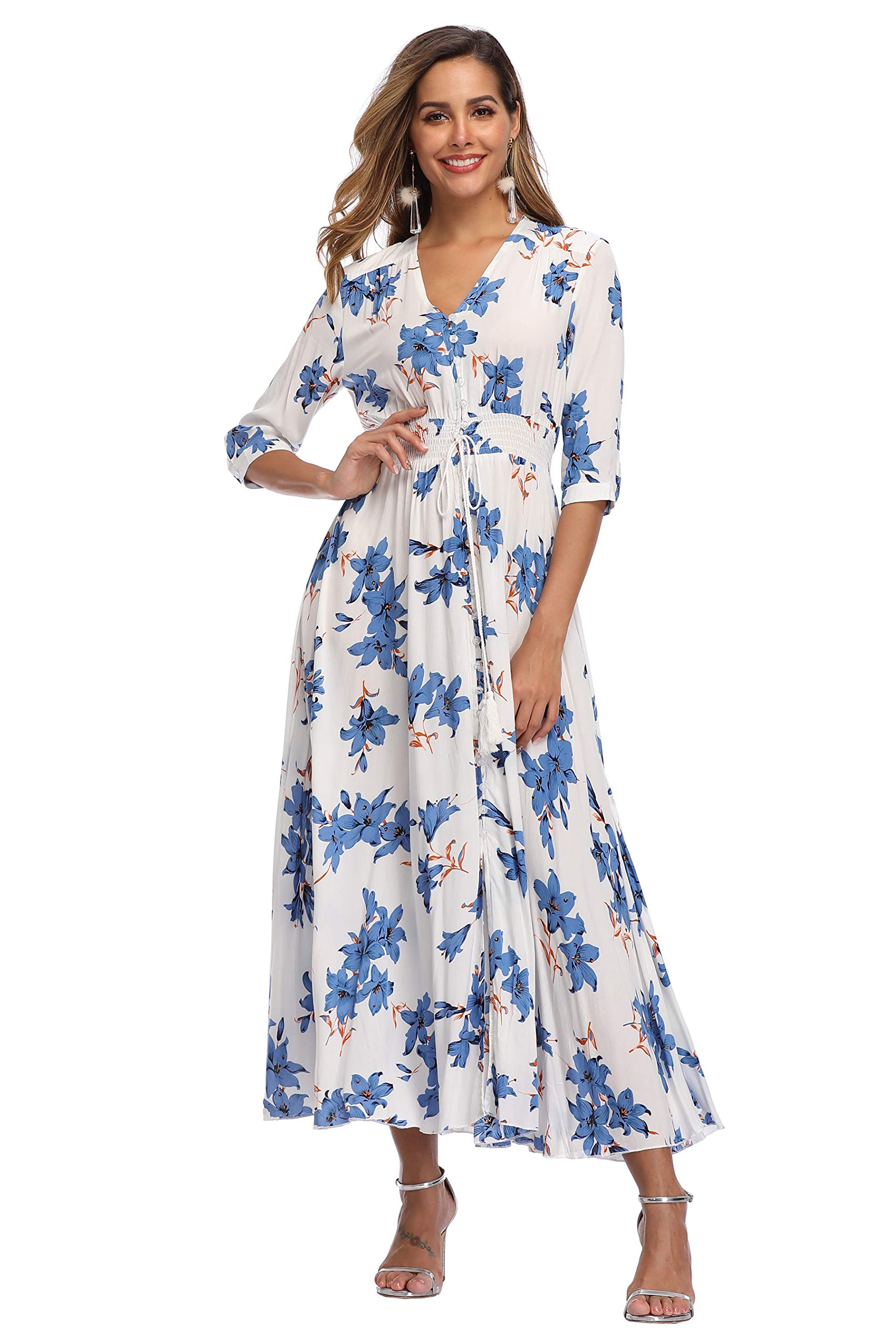 Vintage Floral Maxi Dress for Women - Long Sleeve Boho Beach Dress with Flowy Design | Perfect for Summer Vacations, Beach Weddings & Music Festivals
