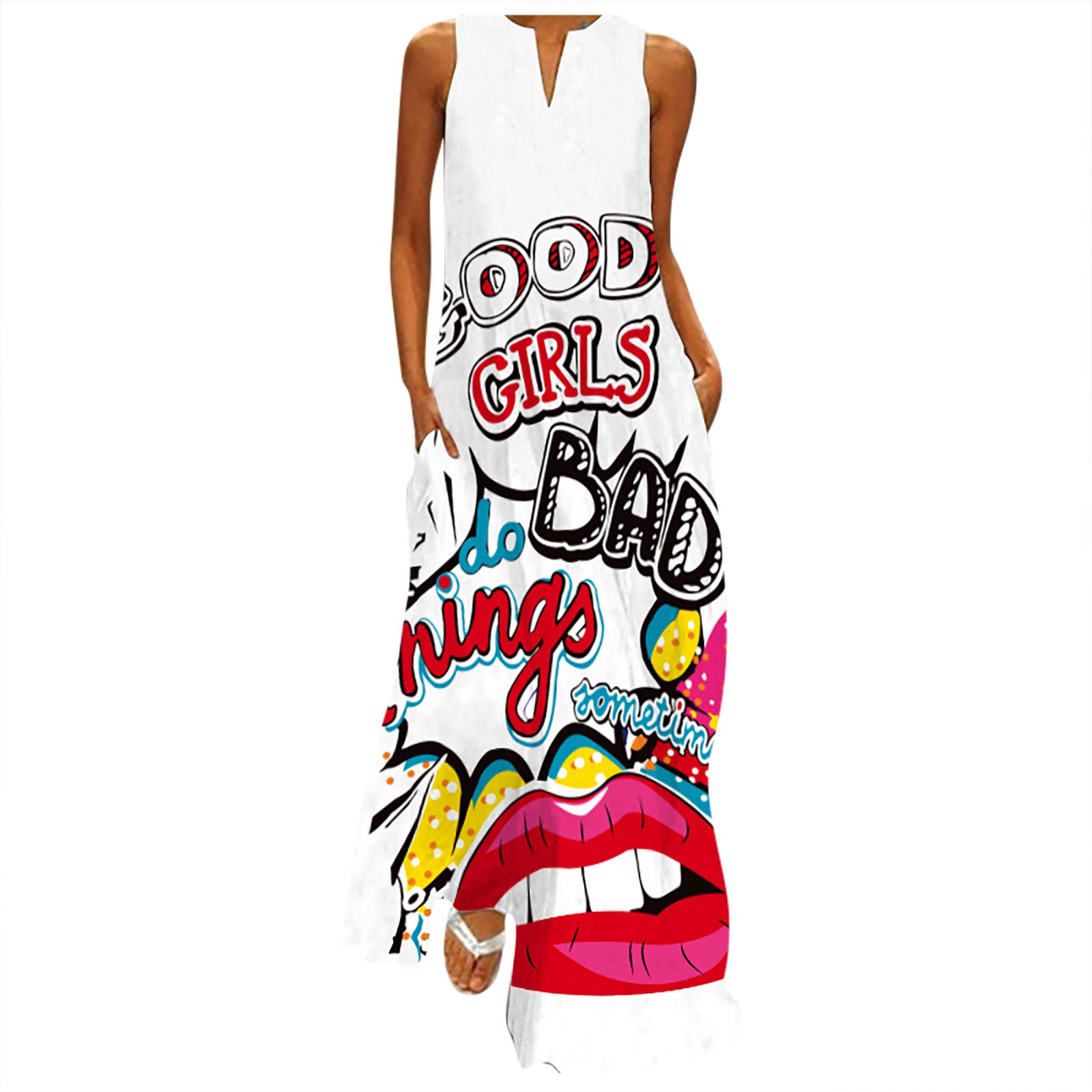 Women's Casual Split V-Neck Long Kaftan Dress - Sleeveless Loose Fit Printed Hem Maxi Dress for Beach, Vacation & Summer Outings