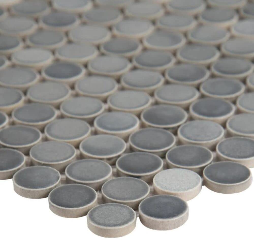 Dark Gray Bluish Penny Round Porcelain Mosaic Tile - 10 Sheets per Box | Waterproof Floor & Wall Tile for Bathroom, Backsplash, Shower | Easy Mesh-Backed Installation for DIY Home Renovation