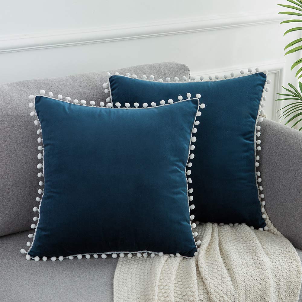 WLNUI Dark Blue Velvet Christmas Pillow Covers 18x18 Inch Set of 2 - Soft Square Decorative Throw Pillow Cases with Pom Poms for Sofa, Couch, Bedroom & Farmhouse Decor - Perfect for Holiday Home Styling