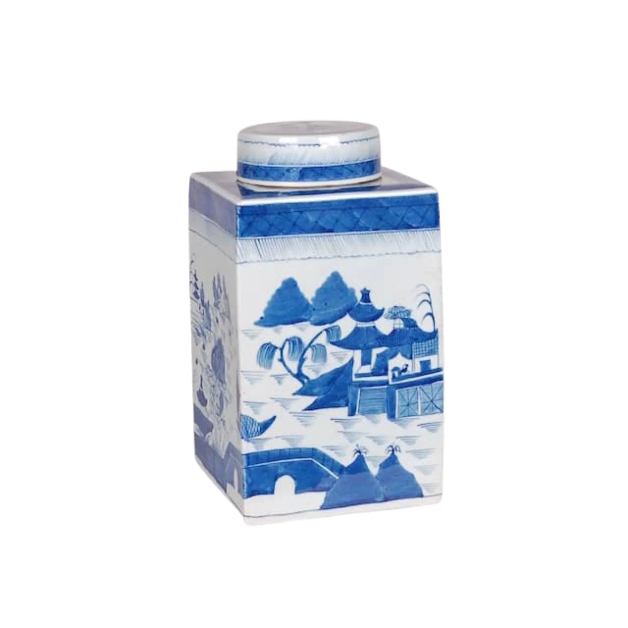 Antique Blue and White Porcelain Canton Tea Jar with Lid - Vintage Chinese Tea Storage Container for Loose Leaf Tea, Perfect for Home, Office, or Gift Giving
