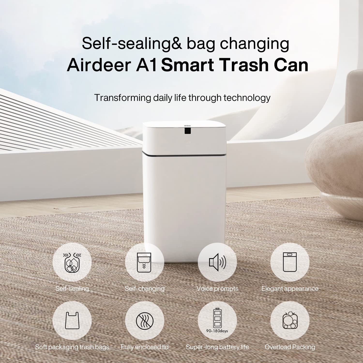 Automatic Trash Can 4 Gallon - Self Sealing Self-Changing Smart Garbage Bin with Motion Sensor, Touchless Lid for Kitchen Bathroom Bedroom - Includes 6 Refill Rings (Black, A1 Model) - Perfect for Hygienic Waste Disposal in Home & Office Spaces
