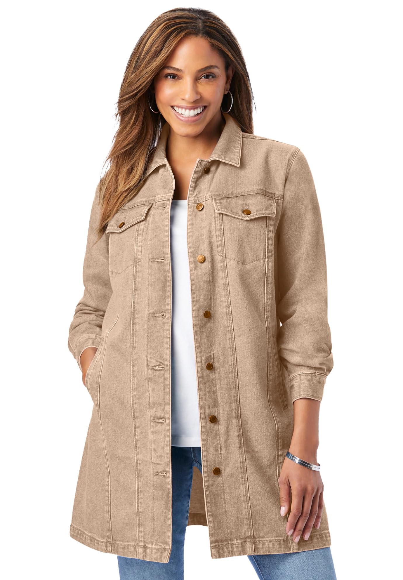 Jessica London Women's Plus Size Long Denim Jacket - Oversized Distressed Jean Coat for Casual Outfits | Perfect for Layering in Fall & Spring, Weekend Outings and Streetwear Fashion