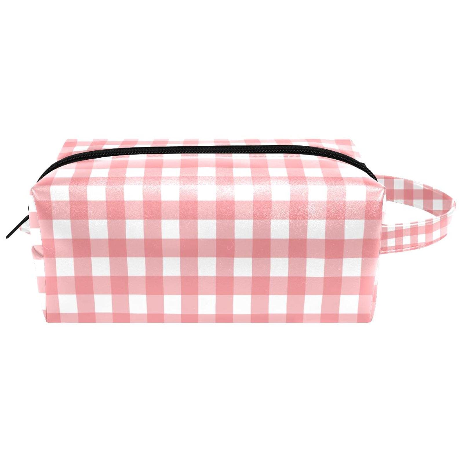 Portable Hanging Toiletry Bag for Travel - Waterproof Cosmetic Organizer Pouch with Multiple Pockets, Pink White Plaid Design - Perfect for Makeup, Stationery, Pencils & Travel Essentials