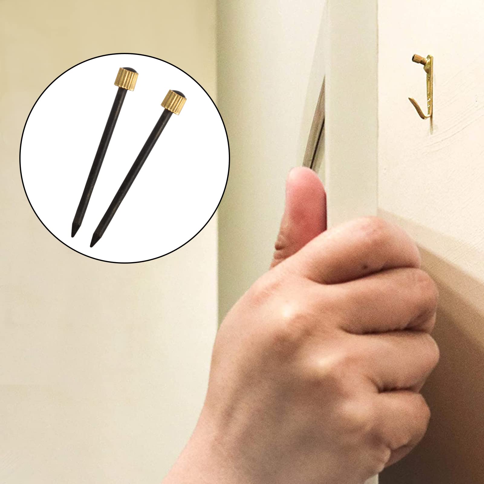SPEEDWOX 60 Pcs Heavy Duty Picture Hanging Kit - Black Steel Nails with Brass Head Frame Hooks for Wall Art, Paintings & Photo Frames (5-30 lbs Capacity) - Includes Plastic Storage Box for Home & Office Decor Organization