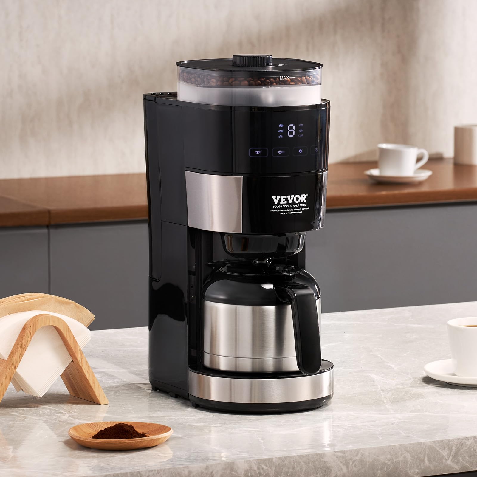 VEVOR 8-Cup Programmable Coffee Maker with Built-in Grinder - 3 Brew Strength Control, Reusable Filter & Removable Water Tank - Perfect for Home, Office & Restaurant Use - Freshly Ground Coffee Anytime