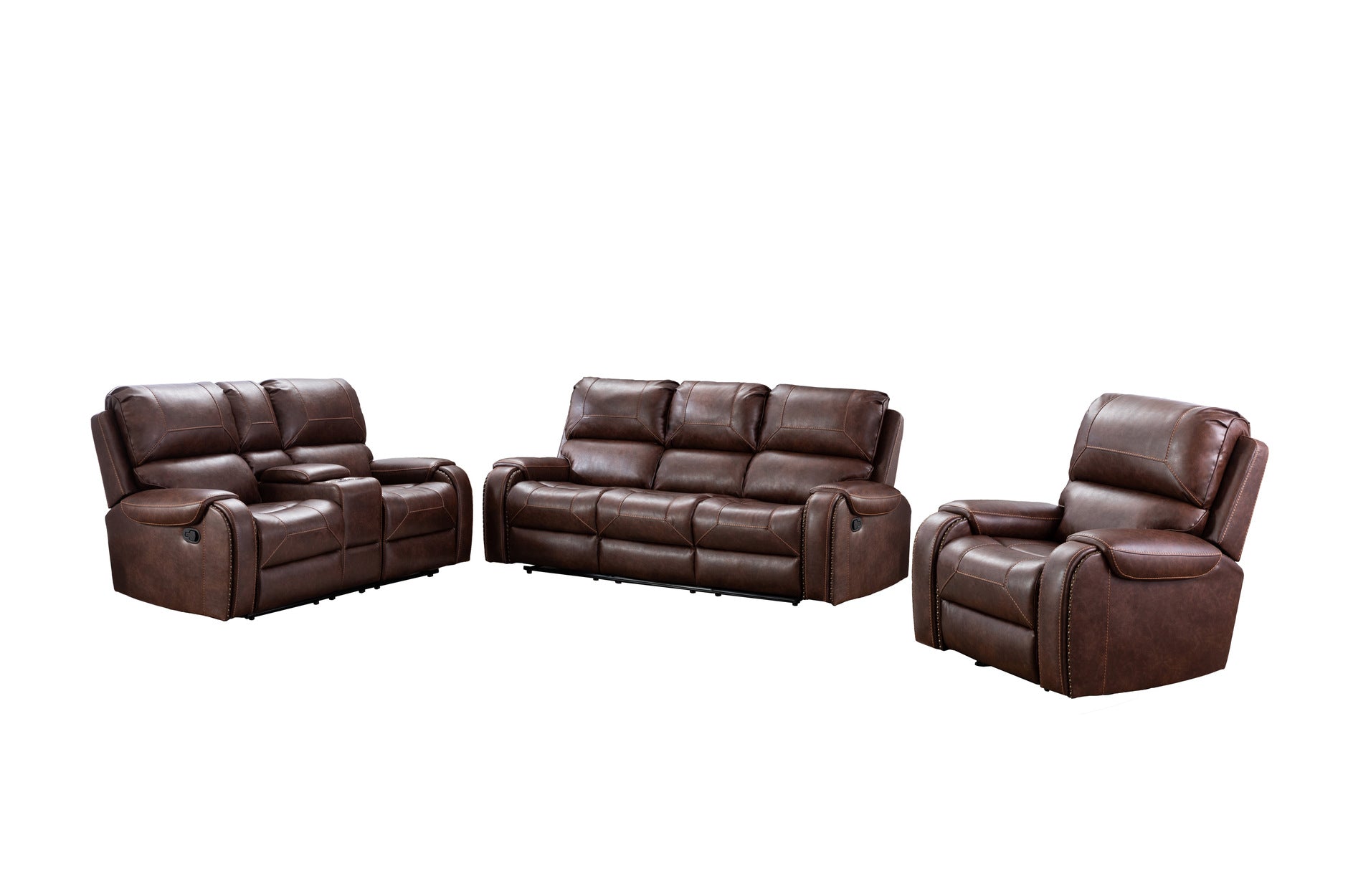 Caesar Brown Reclining Living Room Set - 3-Piece Leather Recliner Sofa with Cup Holders | Perfect for Family Movie Nights & Home Theater Lounging