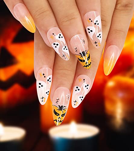 24Pcs Halloween Press on Nails - Orange Ombre Glossy Fake Nails with Pumpkin Ghost Design, Medium Acrylic Almond False Nails for Women | Perfect for Halloween Parties, Costume Events & Spooky Nail Art