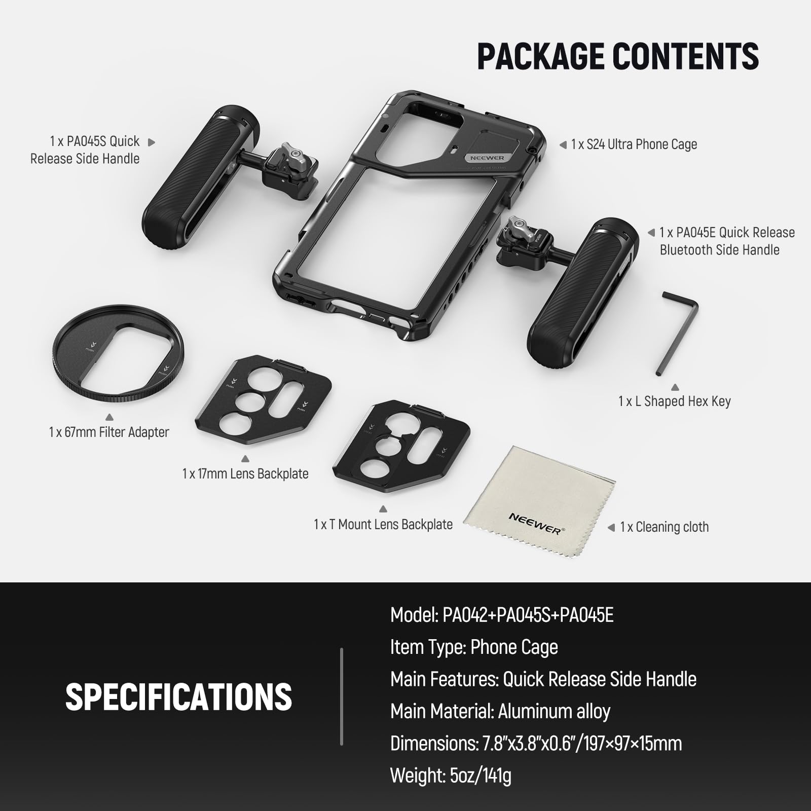 NEEWER PA042 S24 Ultra Phone Cage Video Rig Stabilizer Kit with Quick Release Handle, Bluetooth Shutter, 67mm Filter & Lens Adapters - Perfect for Smartphone Filmmaking, Vlogging, and Mobile Photography