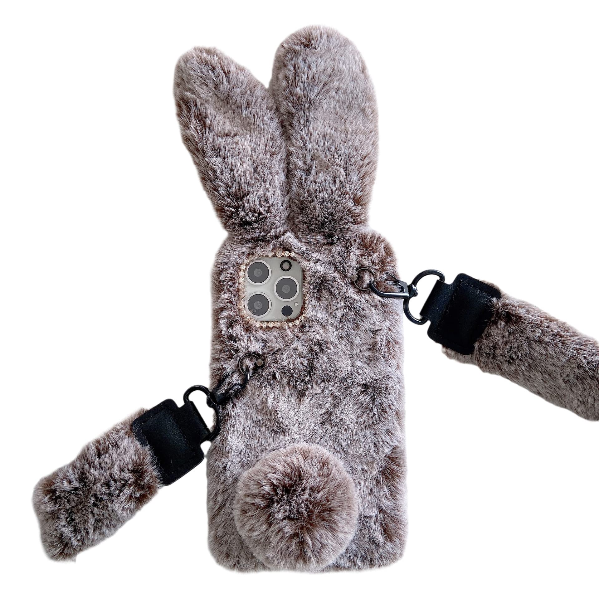 Fluffy Bunny Phone Case for iPhone 11 - Soft Furry Rabbit Cover with Crossbody Lanyard, Cute Cartoon Plush Protective Case for Women & Girls, Warm Winter Phone Accessory (Brown) | Perfect Gift for Birthday, Christmas & Daily Use