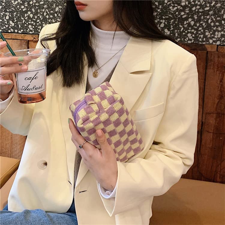 2 Pcs Small Checkered Makeup Bag Set - Mini Cosmetic Pouch & Brush Organizer for Purse, Travel Essentials | Cute Aesthetic Accessories Storage for Women | Perfect for Daily Use, Traveling & Gift Giving