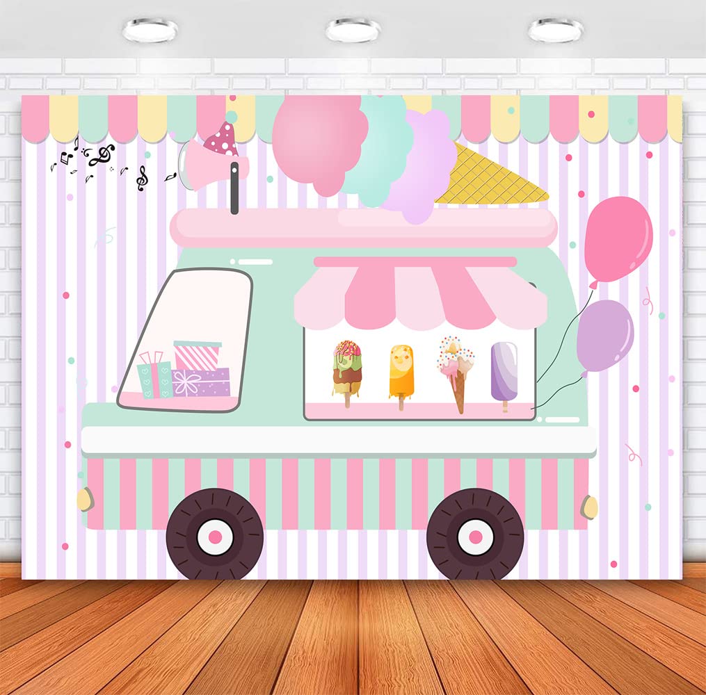 Premium 7x5ft Pink Ice Cream Truck Photography Backdrop - Summer Party Decor for Baby Girls, Kids Birthday, Dessert Shop & Cake Table - Photo Studio Booth Props for Instagram, TikTok & Social Media